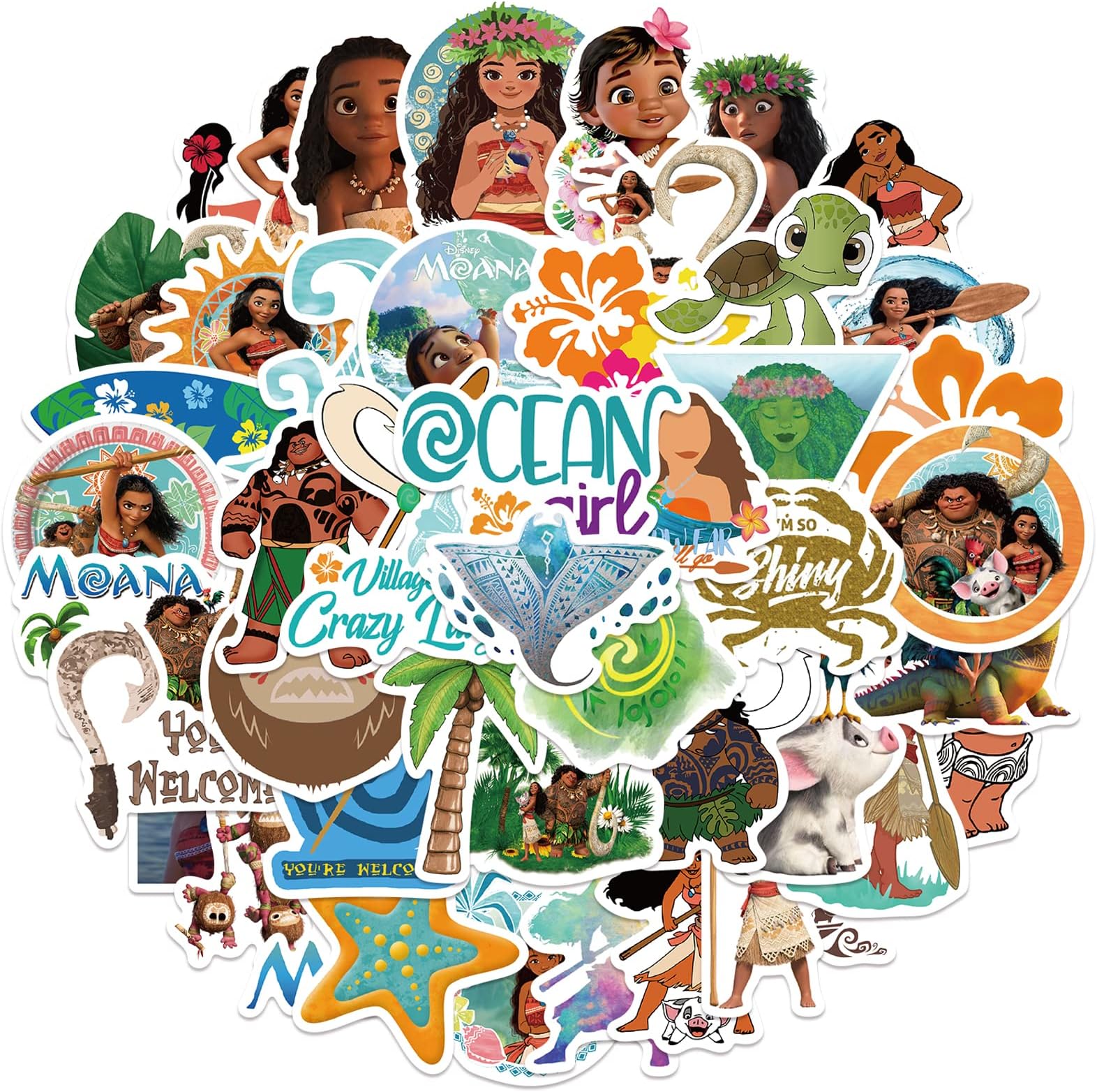 50 Pcs Moana Stickers for Water Bottles, Cute Vinyl Waterproof Vsco Laptop Skateboard Stickers Aesthetic Computer Phone Stickers for Kids Teens Girls, Sticker Packs