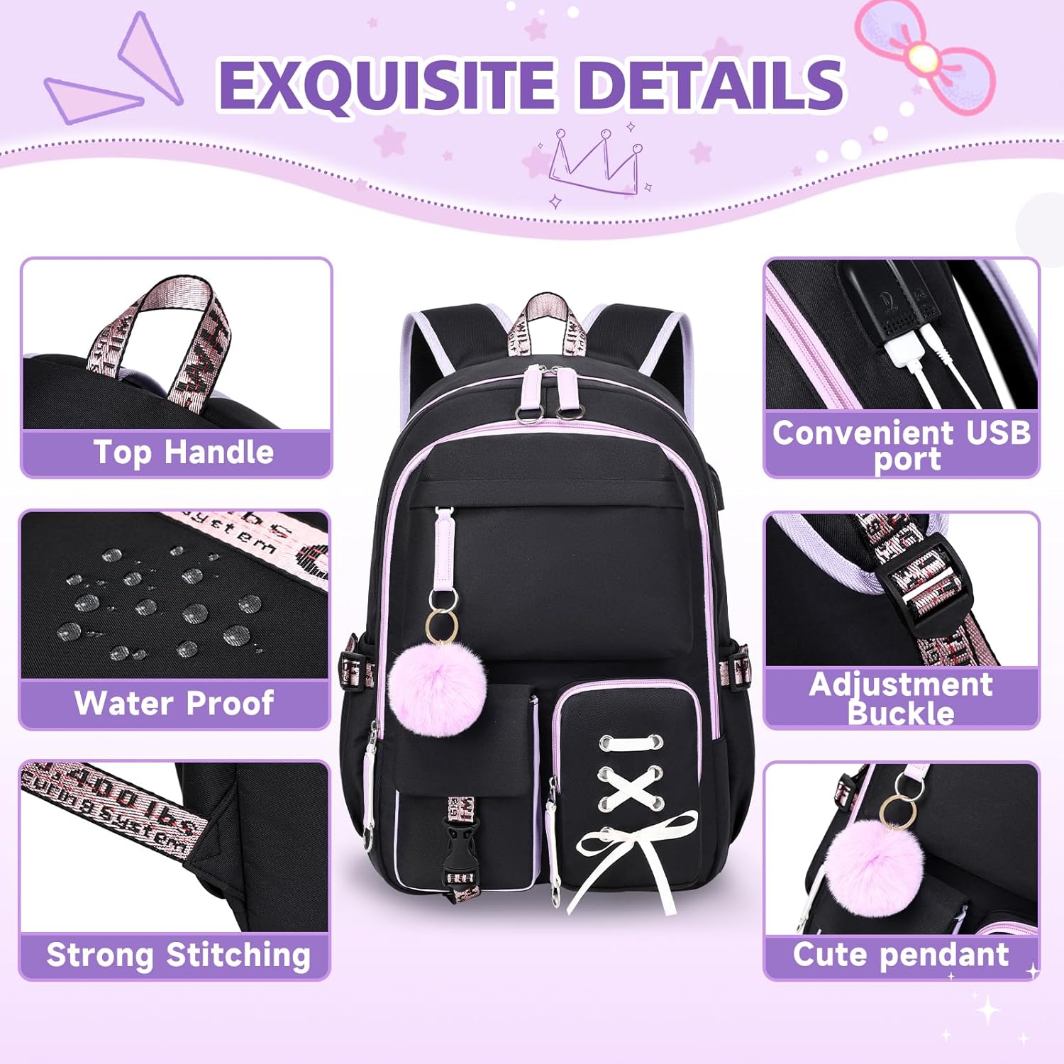 Backpack for Girls Women College Laptop Backpacks Girl Cute School Bag Set with Lunch Box Kids Bookbag with USB Charging Port College Middle High School Backpack for Teen Girls Travel Daypack (Black) - Image 4