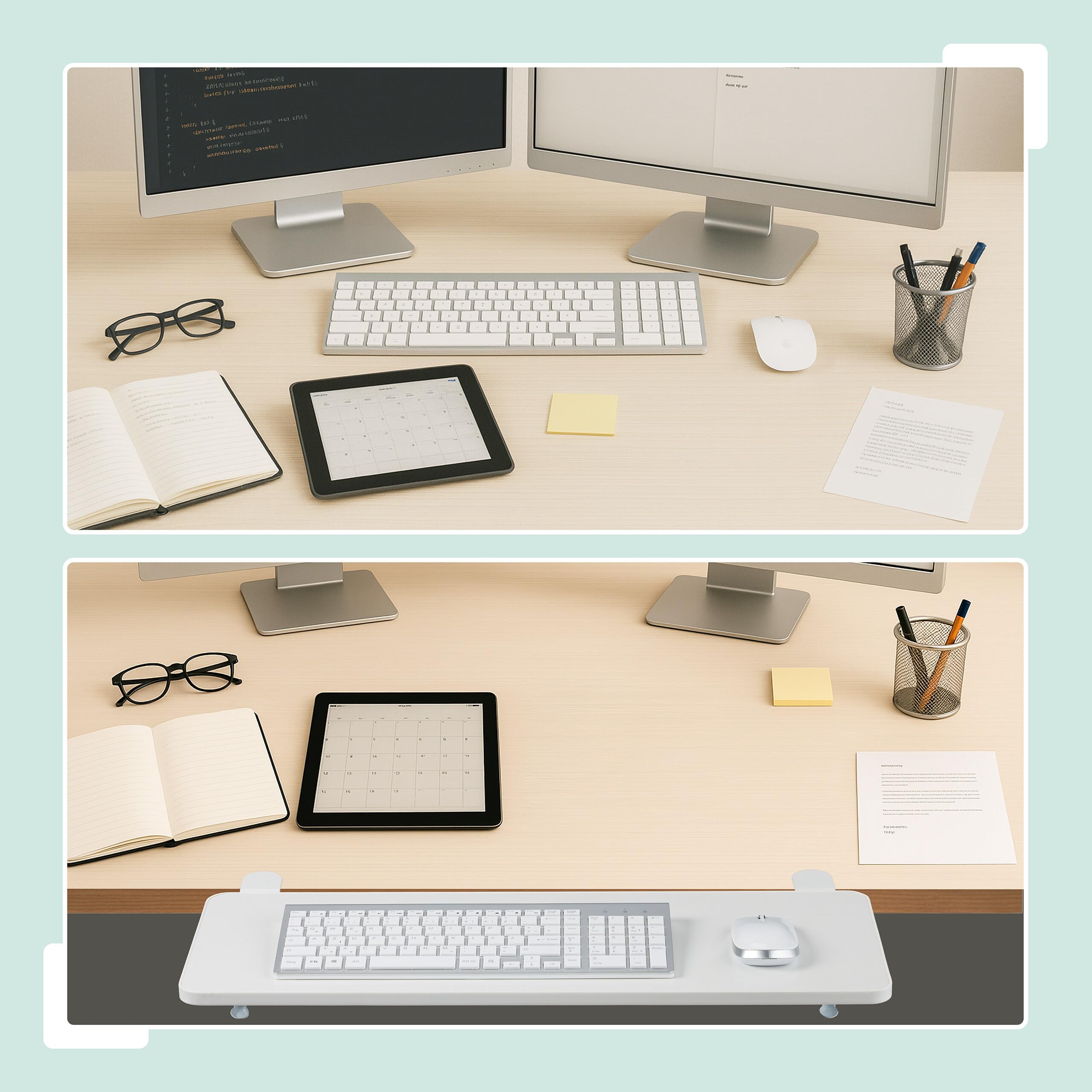 Relaxdays Extensor de Escritorio, 65 x 24 cm, Plegable, Colgar con Pinzas, Bandeja Teclado Ergonómica, Moderno, Blanco