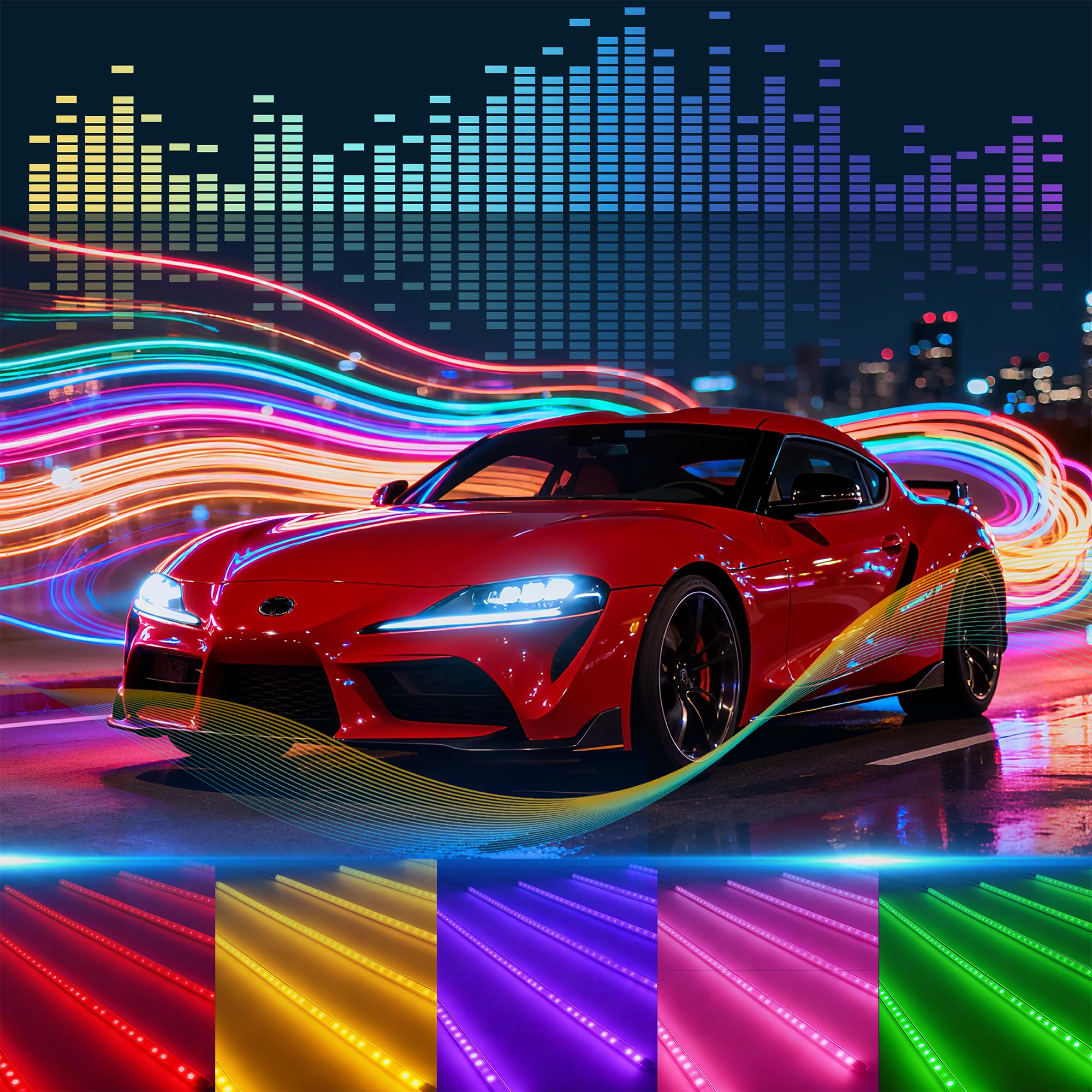 Car Interior LED Lights - 4PCs RGB Strip Lights with Bluetooth APP Control, Music Sync/DIY Mode, USB-Powered Ambient Lighting Kit for Cars, Trucks, SUVs (Universal Fit)