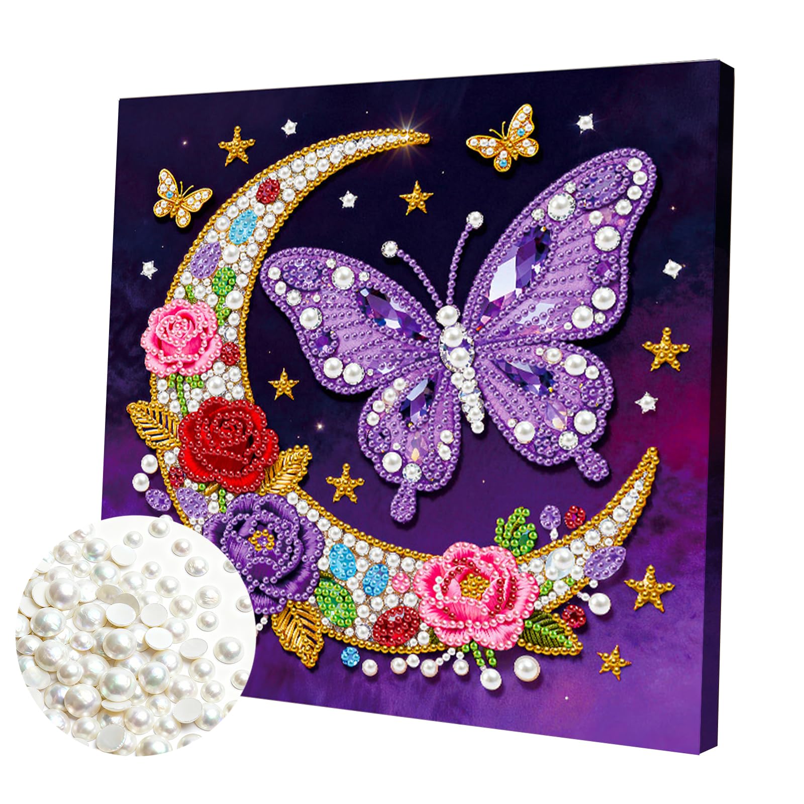 DIY Pearl Painting Kit with Wooden Frame, 3D Plastic Pearl Gemstone Ocean Art Craft for Adults Beginners, Diamond Dot Painting, Home Wall Decor Ready Gift for Women(Flower Moon Butterfly)(25 * 25cm)