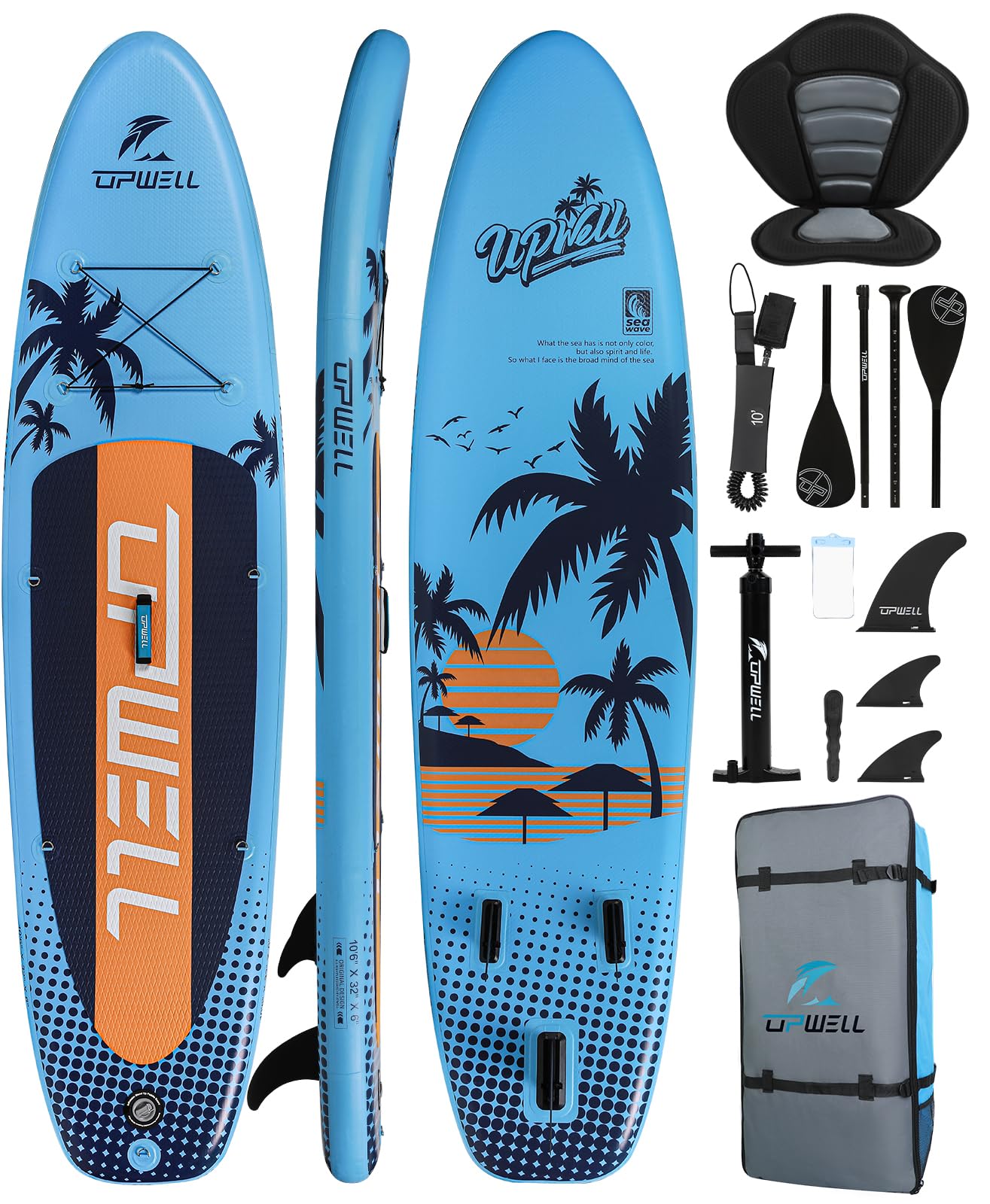 UPWELL Stand Up Paddle Board Sup Gonfiabile con sup Accessori Incluso Sedile per Kayak, Zaino, Pagaia, Guinzaglio, Pompa a mano, Pinne