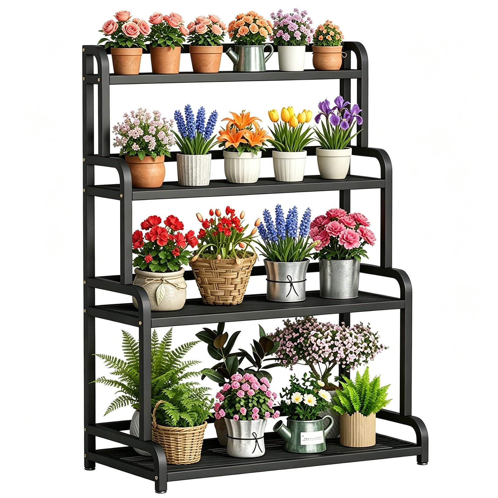 DMCHENGMA Plant Stand Indoor Flower Rack Outdoor Black Metal Wrought Iron Plants Shelves for Multiple Plants 4 Tiers Flowers Holder(60x50x135cm)
