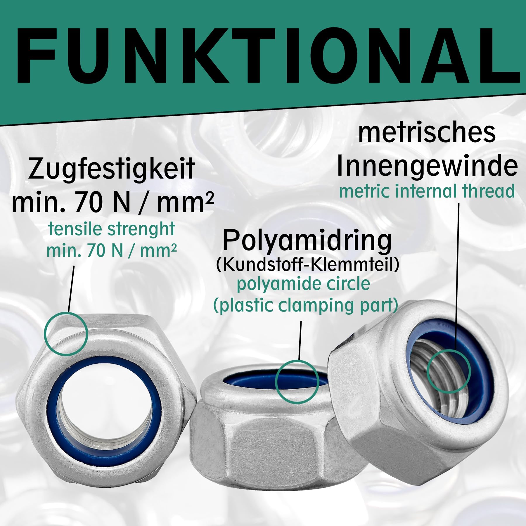 50x Sicherungsmuttern M6 DIN 982 - Selbstsichernde Sechskantmuttern Edelstahl | Stopmuttern