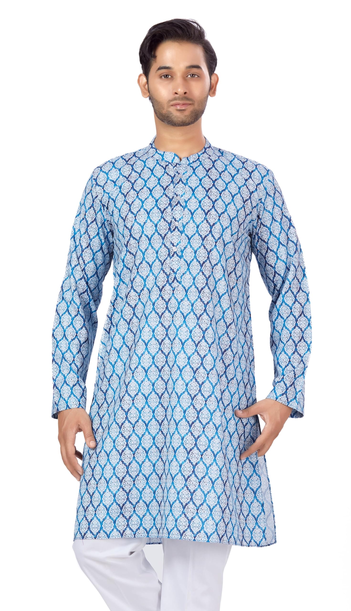 Studio Shringaar Men's Cotton Blended Relaxed Fit Printed Knee Length Kurta(M117, Blue_3XL)