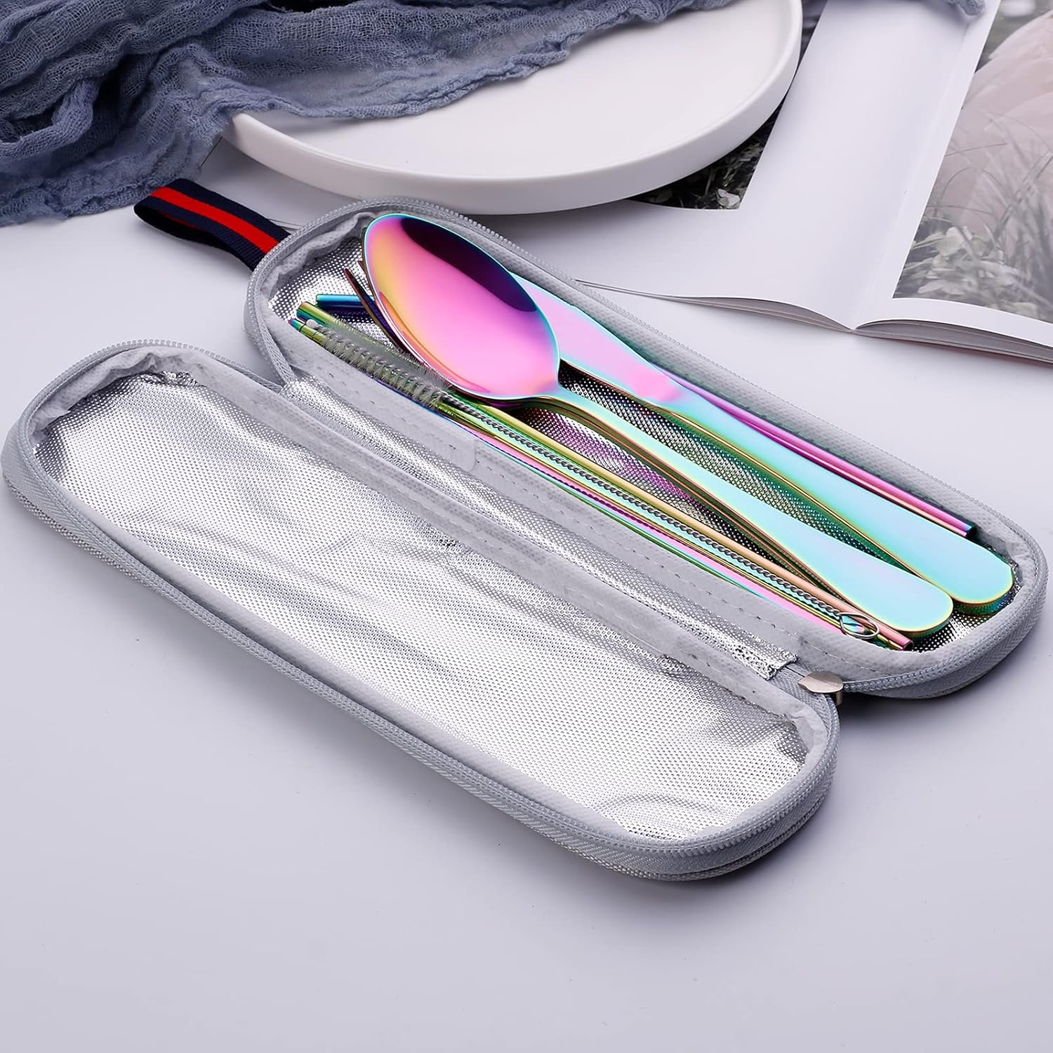 Reusable Travel Utensil Set With Case (Rainbow), Travel Cutlery Set, Portable Camping Silverware Set, Portable Stainless Steel Flatware Set 8-Piece, Dishwasher-Safe