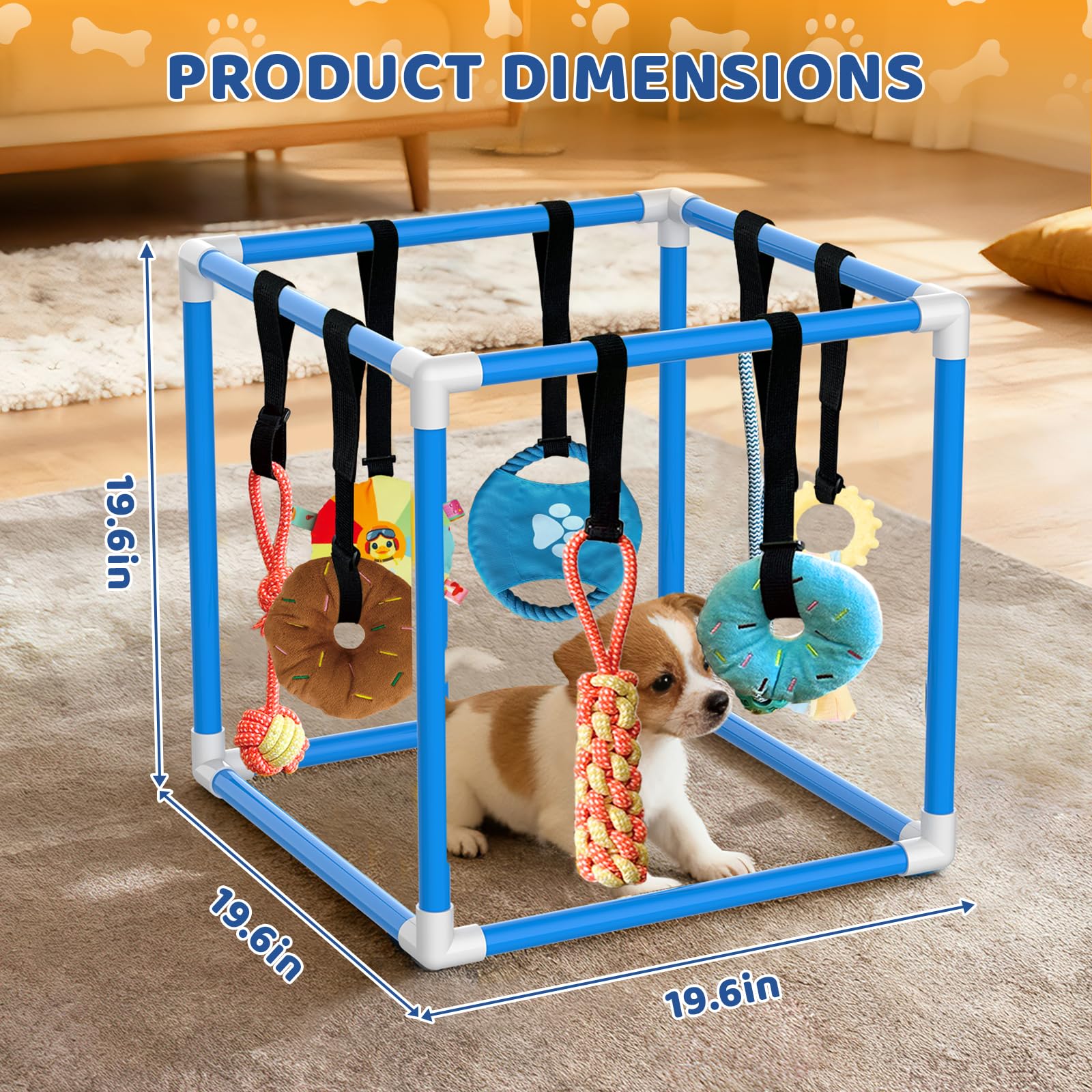 Welpenspielstudio mit 8 hängenden Spielzeugen, interaktives Welpenspielzeug für kleine Rassen, Indoor-Spiel-Fitnessstudio für Langeweile, Bereicherung, Aktivität, Zahnen, PVC-Rahmen, dehnbares