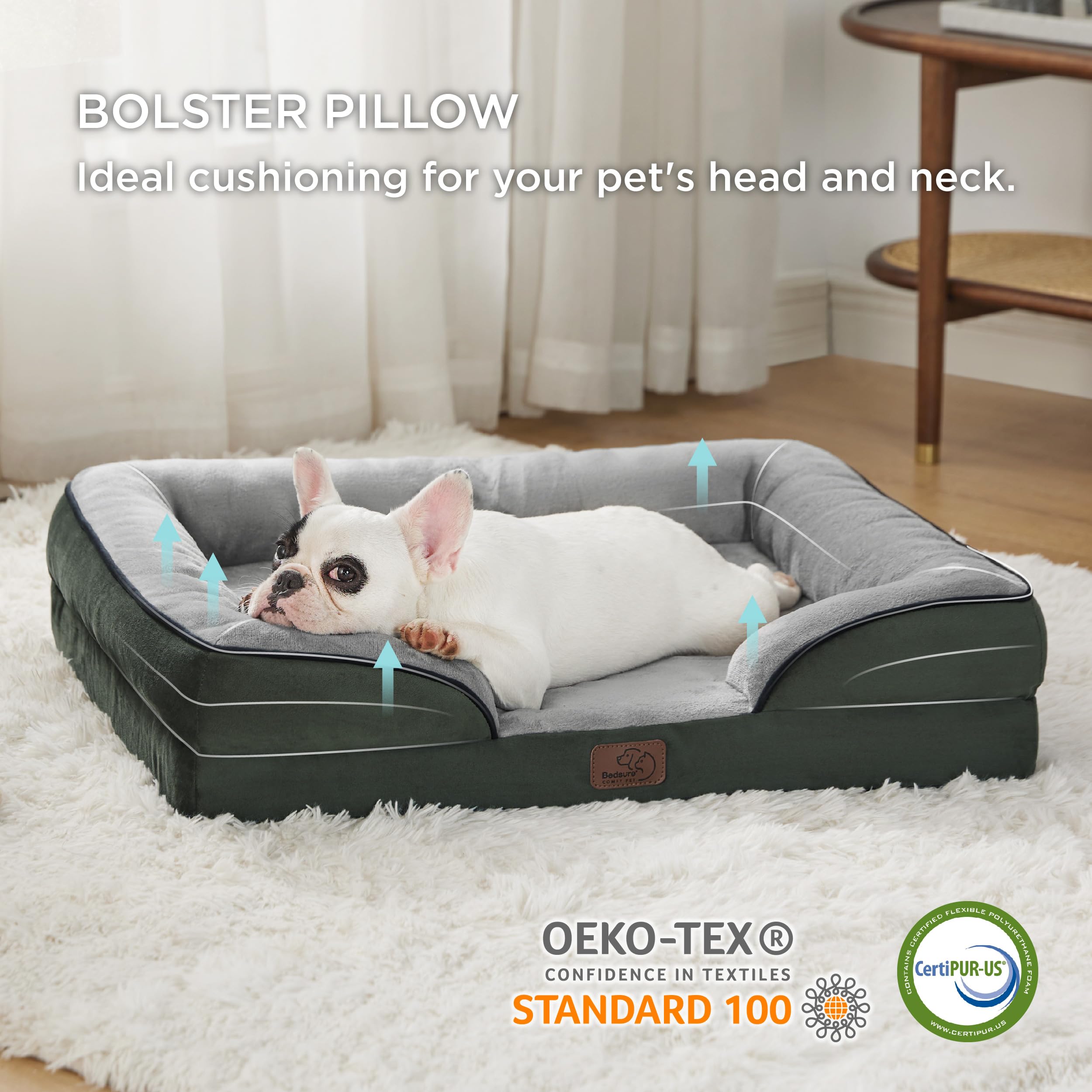 Bedsure Letto per Cani Grande 71x58x16.5cm - Divano per Cani Taglia Grande in Uovo Foam, Colore verde scuro, Cuscino per Cani Sfoderabile e Lavabile