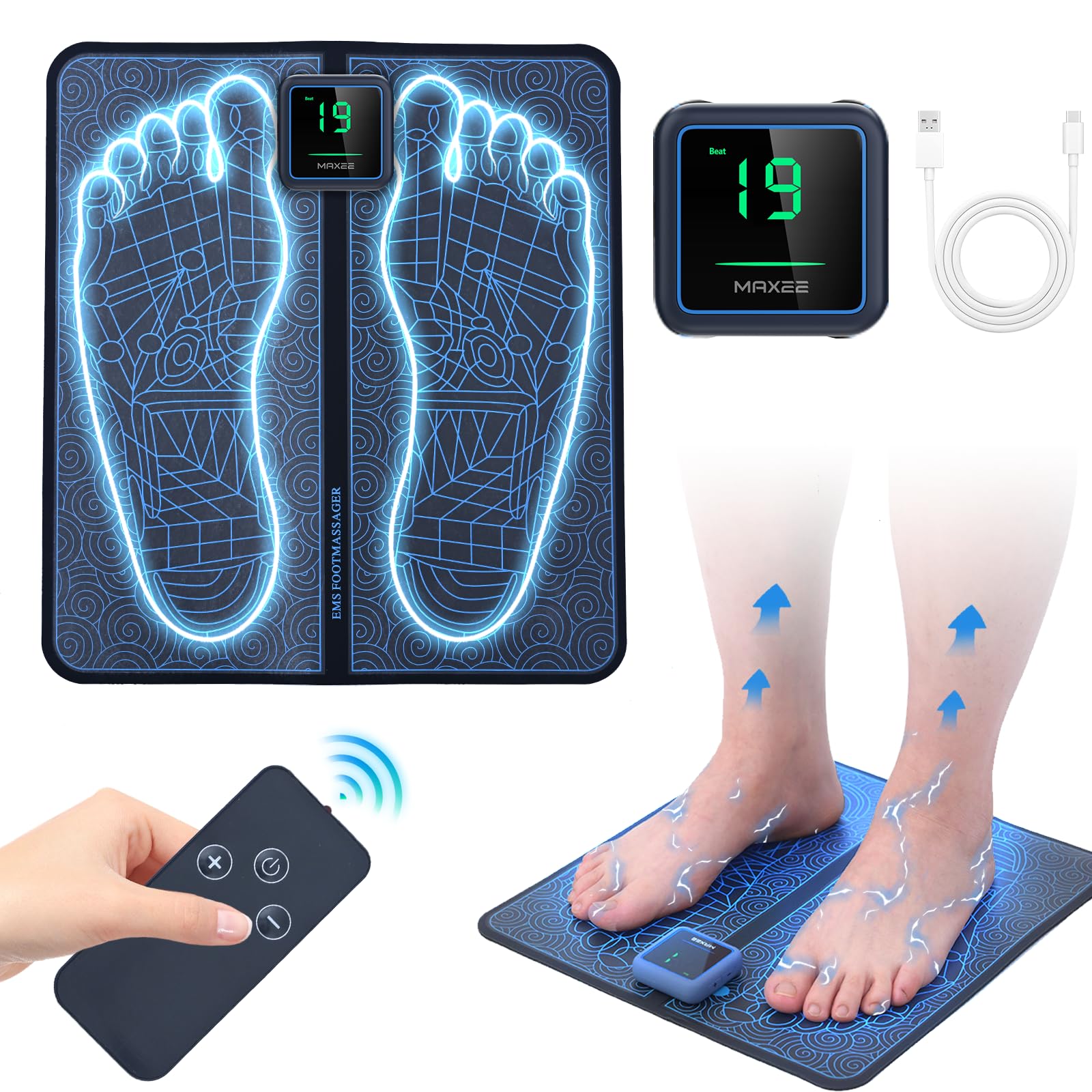Maxee EMS Foot Massager, Wireless Portable Foot Massager with Remote Control, 8 Modes, 19 Intensities, Type C Foot Health Massager, Promotes Blood Circulation-11
