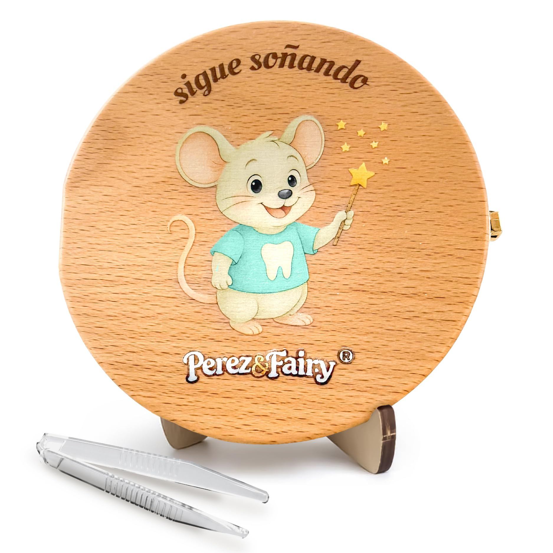 Perez&Fairy Caja de Dientes de Leche del Ratoncito Perez en Madera Premium | Cajita Ratoncito Perez con Pinzas y Soporte de Estanteria | Regalo para Niño y Niña