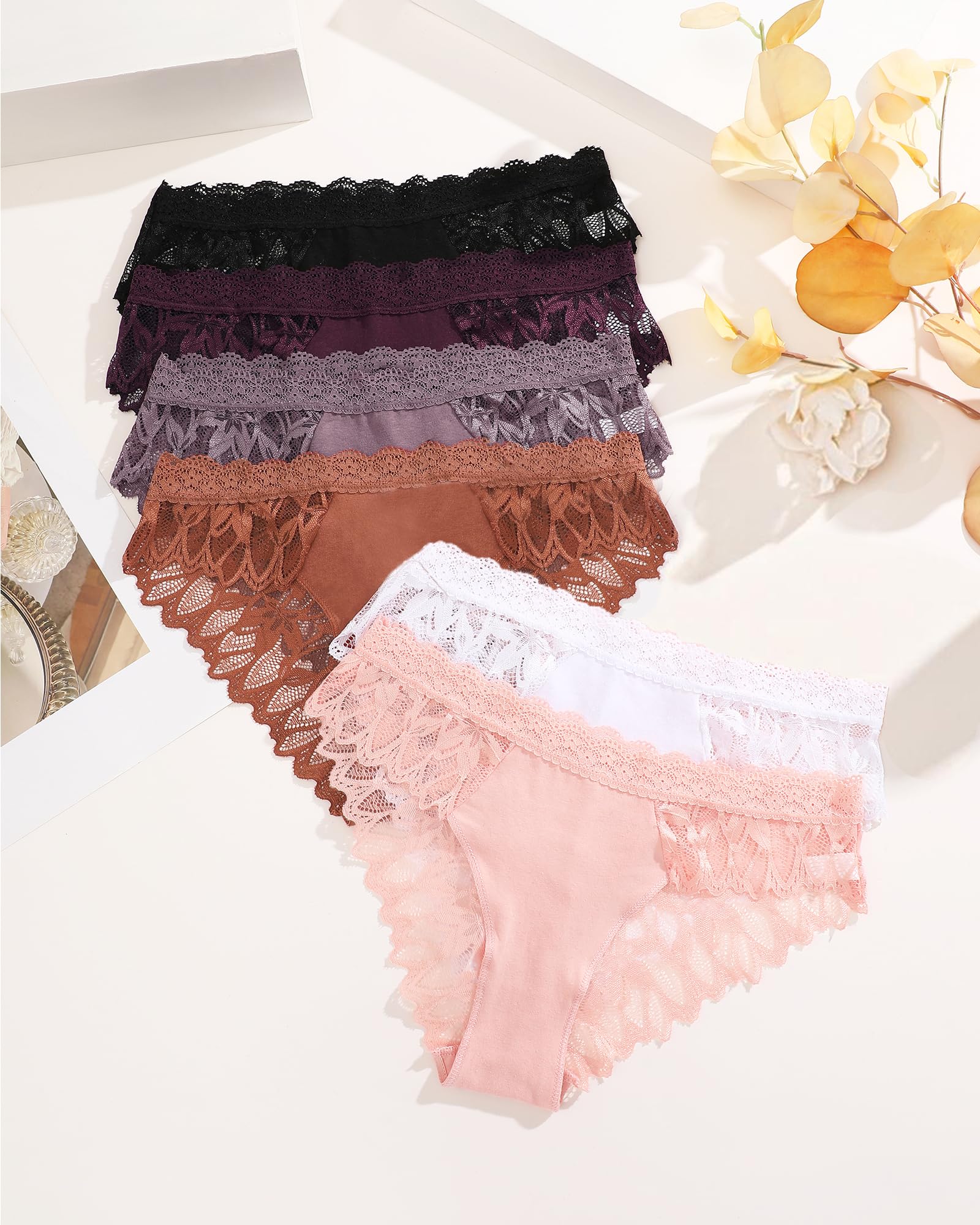 ROSYCORAL Sexy Underwear for Women Lace Cheeky Soft Hipster Low Rise Breathable Undies Cotton Bikini Panties 6 Pack: Black,purple,copper,dusky Mauve,white,peach X-Large