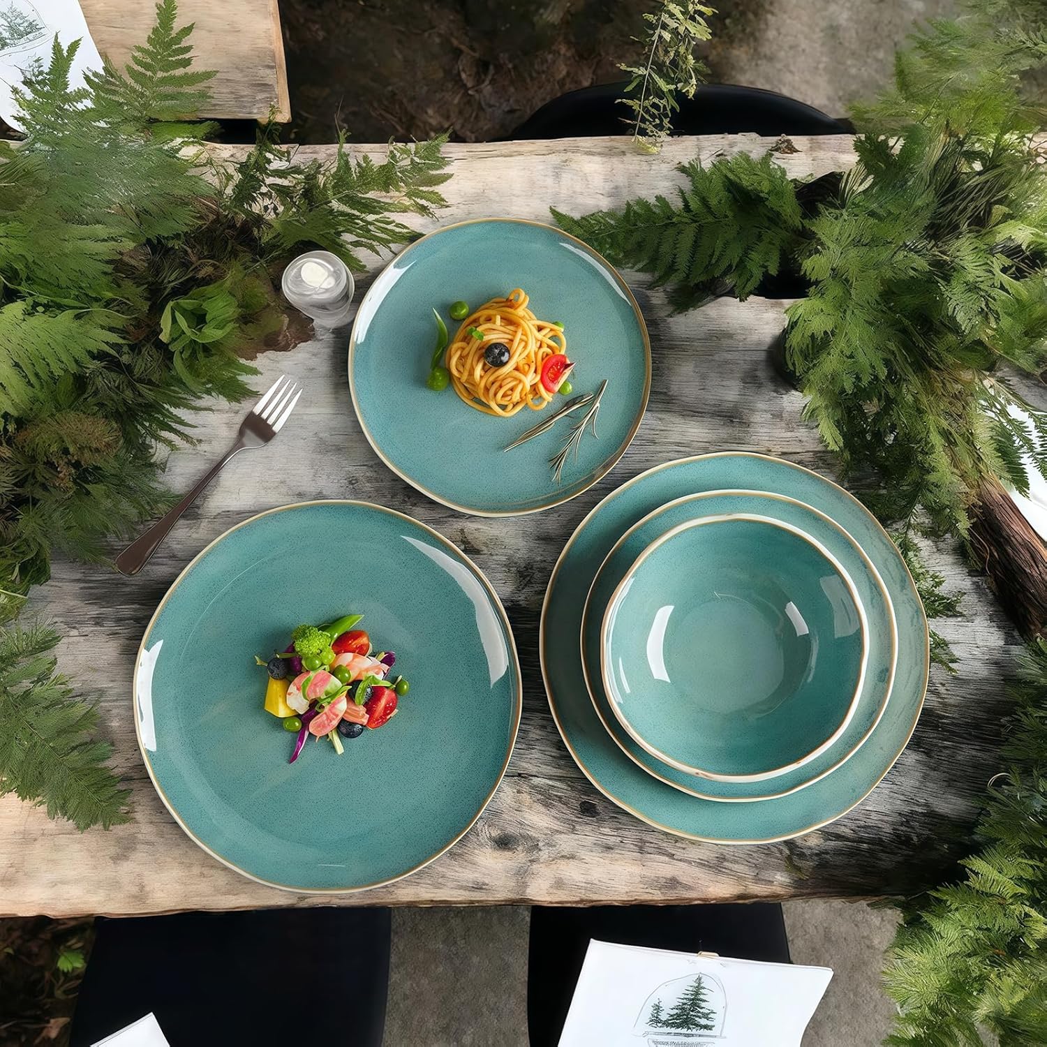 12pcs Dinnerware Set Service for 4, Handmade, Stoneware,Ceramic, Dish Set, Plates and Bowls set, Dinner Set, Reactive Glazed, Microwave and Dishwasher Safe (BLUE)