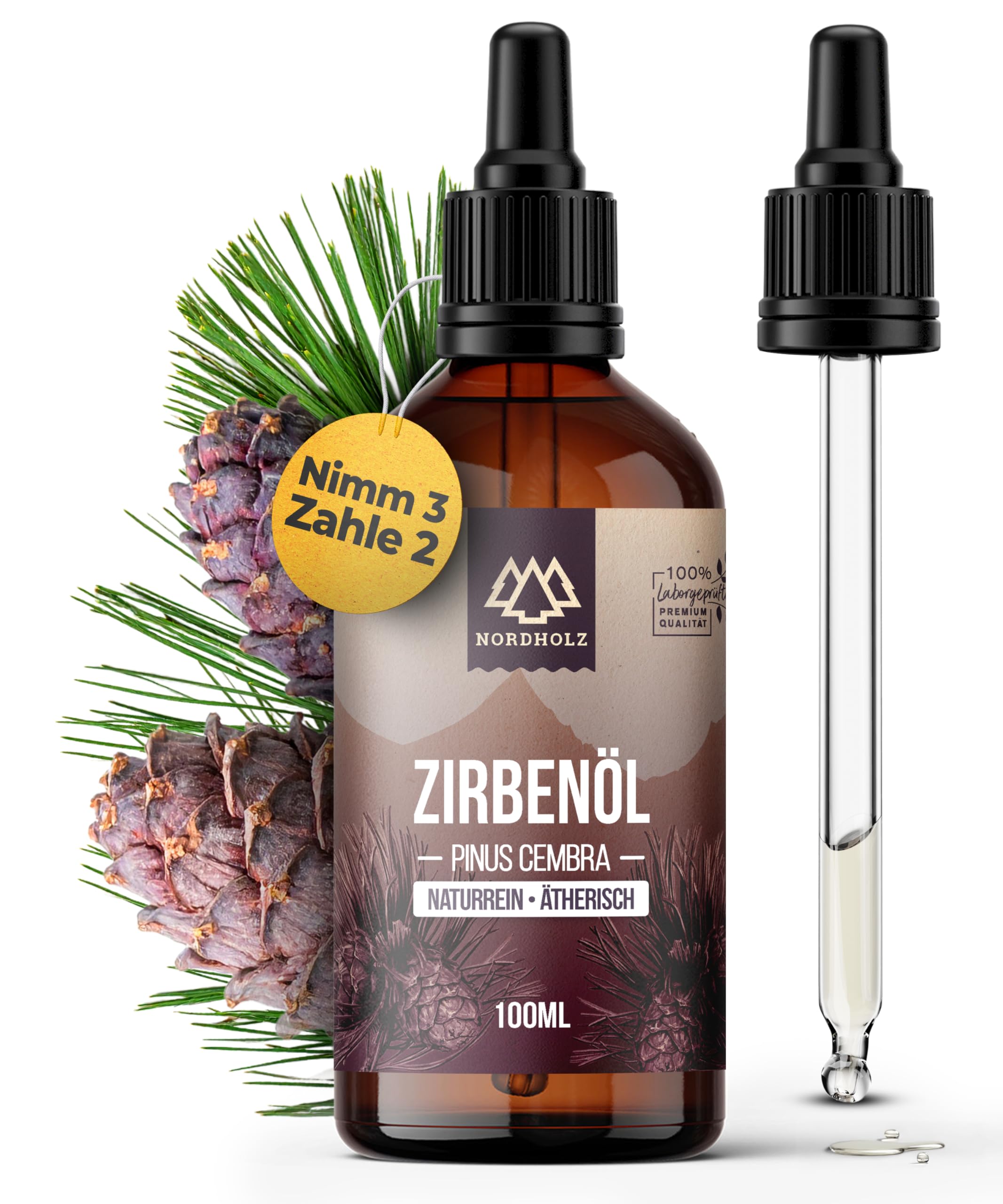 NORDHOLZ® Zirbenöl 100ml [100% naturrein] Ätherisches Öl in Pharmaqualität aus schonender Wasserdampfdestillation – Vegan, Laborgeprüft – Für Sauna, Diffusor & Aromatherapie [Pinus cembra]