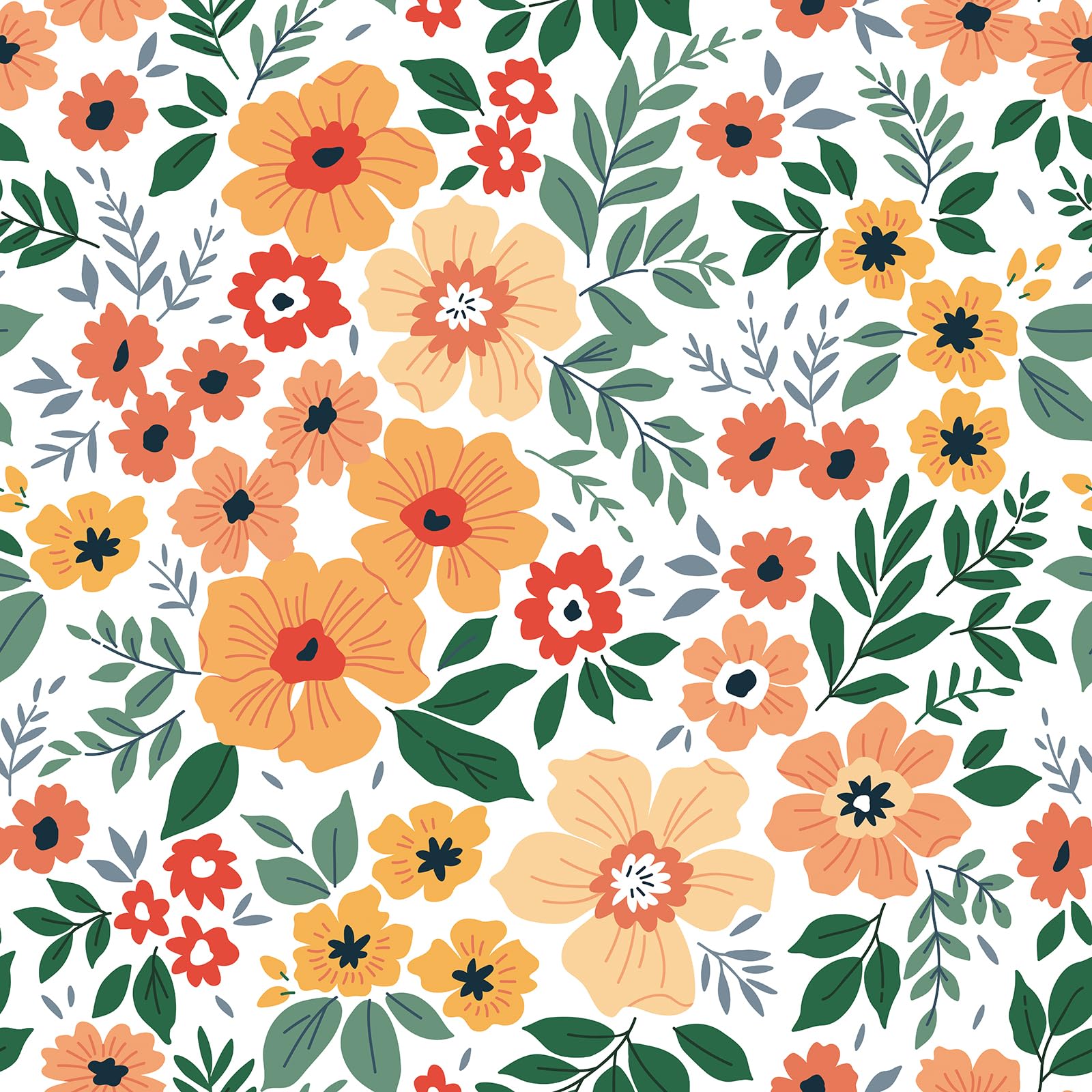 VaryStyle Colorful Floral Wallpaper Spring Flower Leaf Floral Peel and Stick Wallpaper for Bathroom Girls Bedroom Orange/Green Wall Murals Self