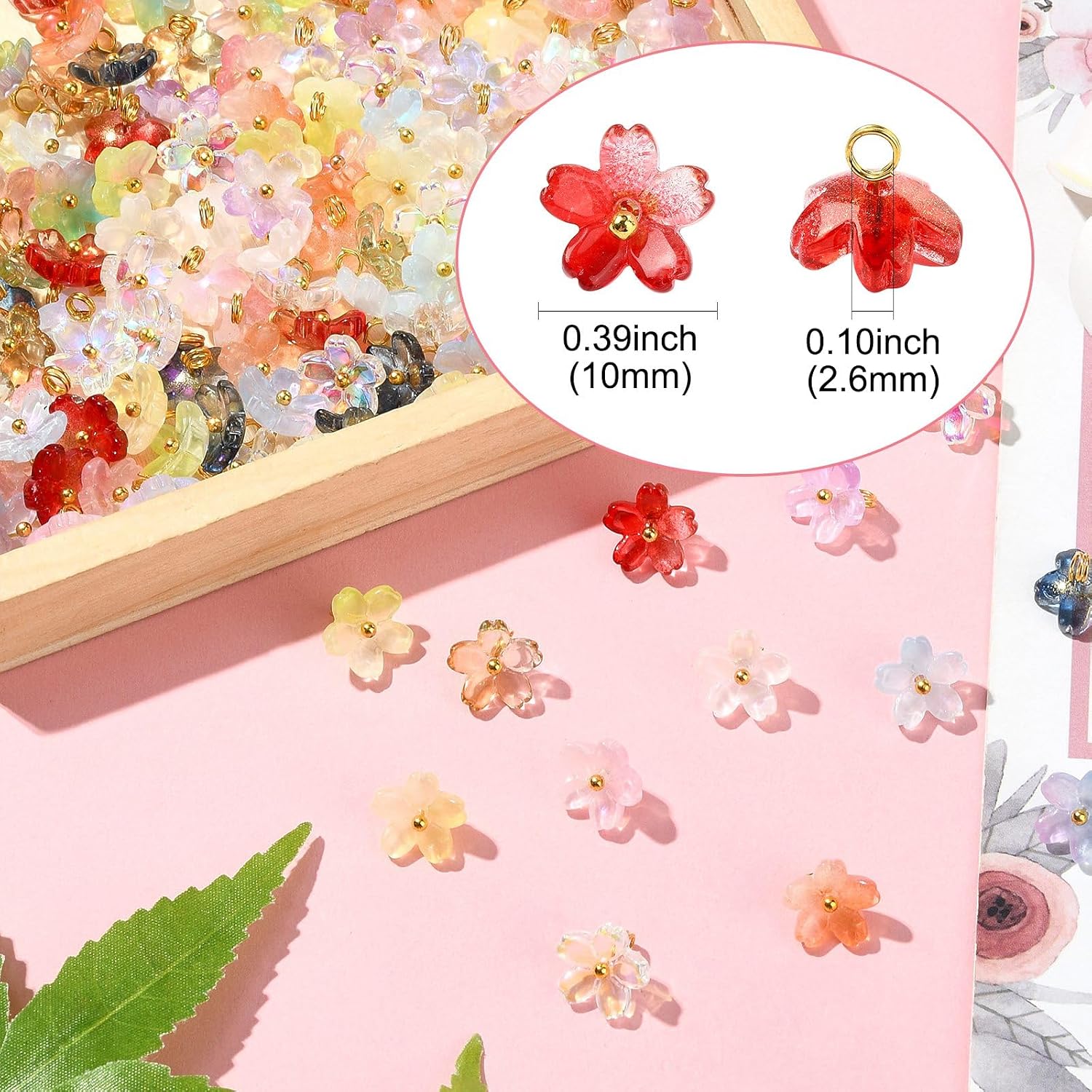 LiQunSweet 150 pcs 15 Colors Two Tone Flower Glass Charms Lovely Floral Spring Crystal Charms for DIY Jewelry Bracelet Necklace Earring Crafts Bag Keychian Decor