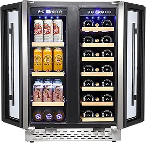 Wine and Beverage Refrigerator, 55 Cans and 20 Bottles Large Dual Zone Wine Cooler with Quiet Compressor, Blue LED, Dual Temperature 24 Inch Under Counter Wine Fridge