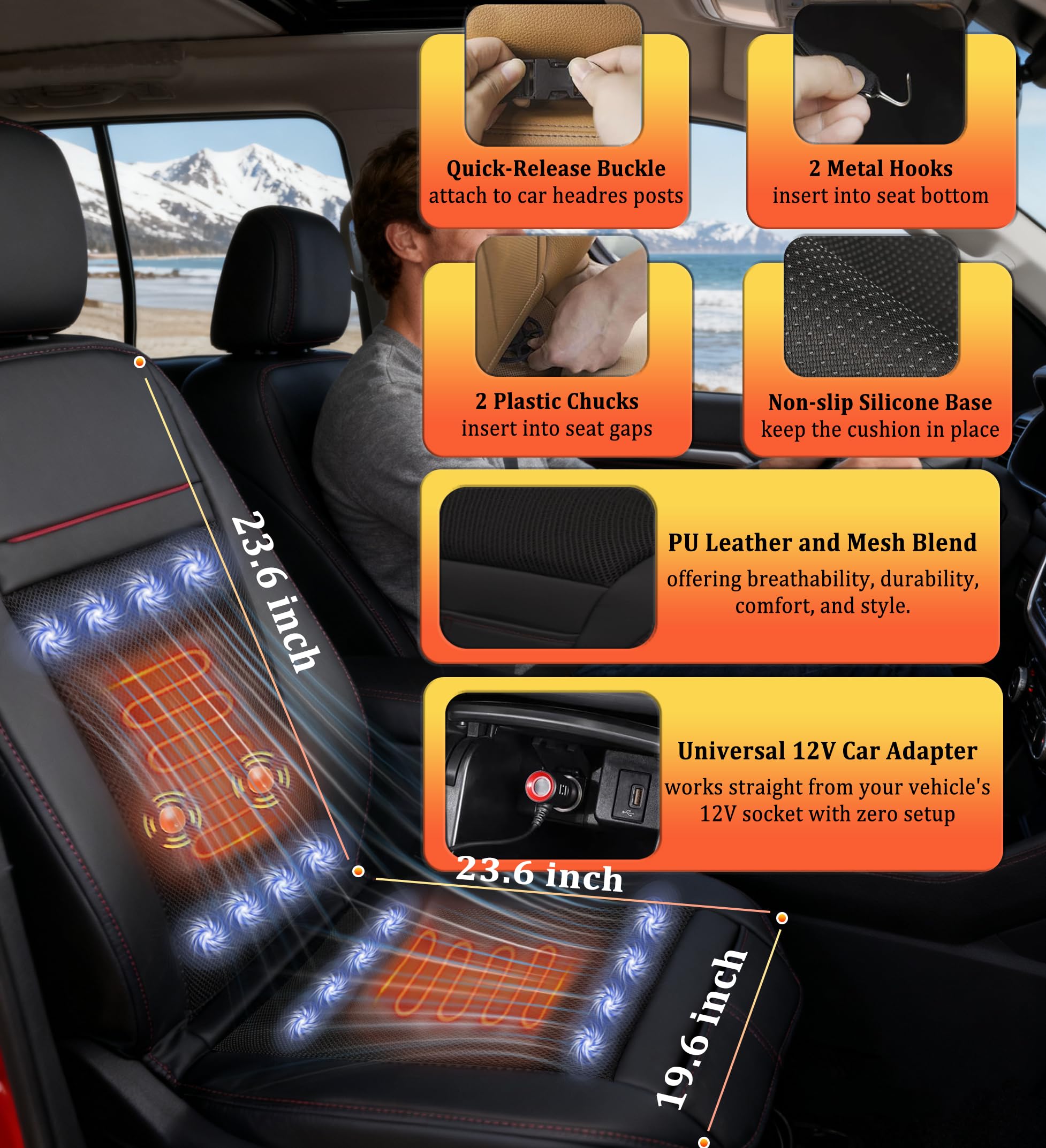 3-in-1 kühlendes Autositzkissen mit Massage & Klimatisierung, 16 Ventilatoren, belüfteter Sitzkühler, 12 V Vordersitz, Allwetter-Kühlsitzbezug für Auto, SUV, LKW (Warm&Kühlung&Massage-3)
