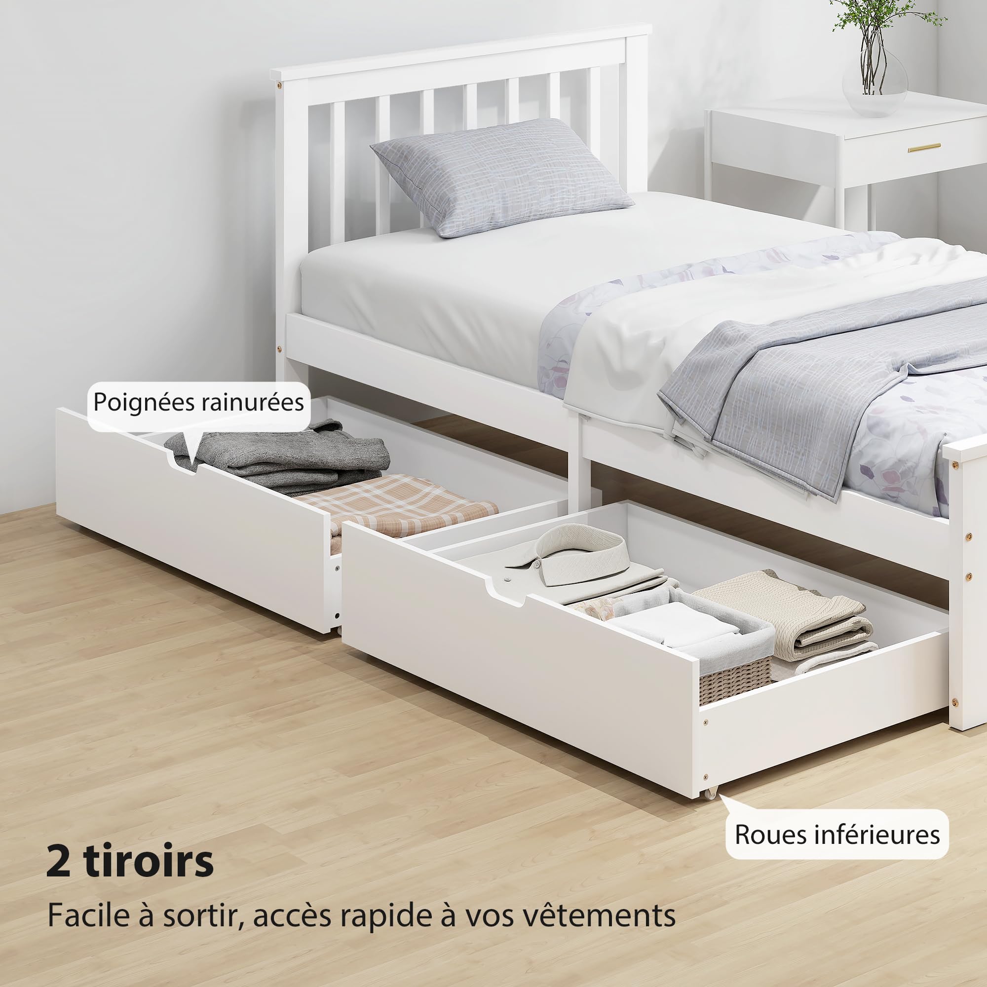 HOMCOM Cadre de Lit 90x190cm en Bois Massif Lit Coffre 2 Tiroirs Blanc
