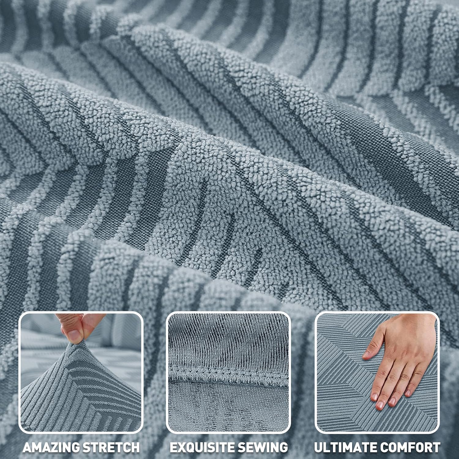 ZNSAYOTX Stretch Couch Covers for 3 Cushion Couch, 1-Piece Sofa Cover Slipcover Pet Friendly, Furniture Protector with Elastic Bottom for Dogs Geometrical Jacquard Fabric (Large, Light Grey)