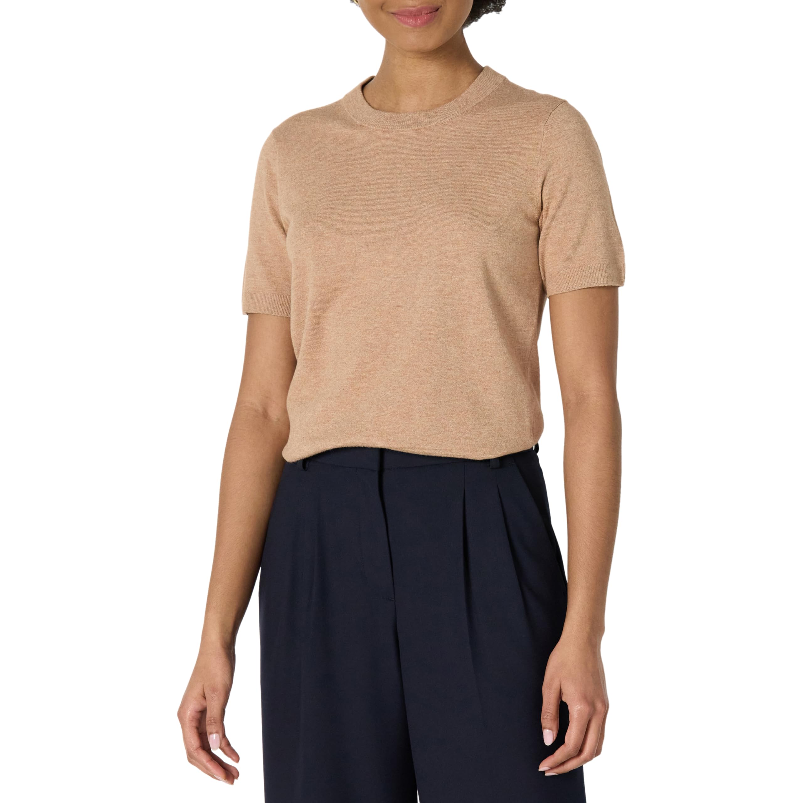 Amazon Essentials Women's Regular-Fit Short Sleeve Crewneck Pullover Sweater Top, Camel Heather, X-Small