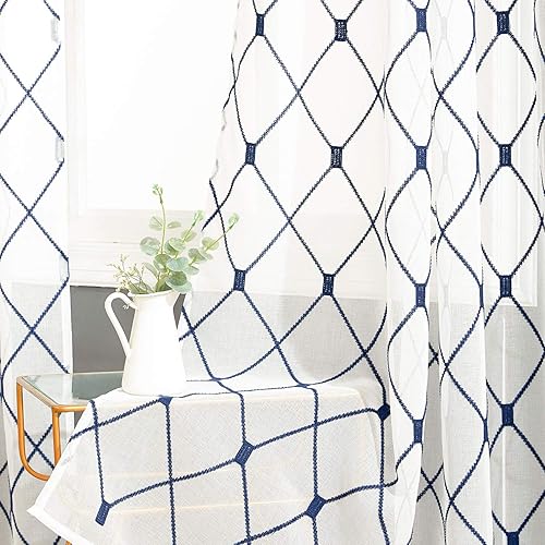Top Finel Cortinas traslúcidas blancas de 108 pulgadas de largo, color azul marino, bordadas con ojales de diamante, para ventana de sala de estar,