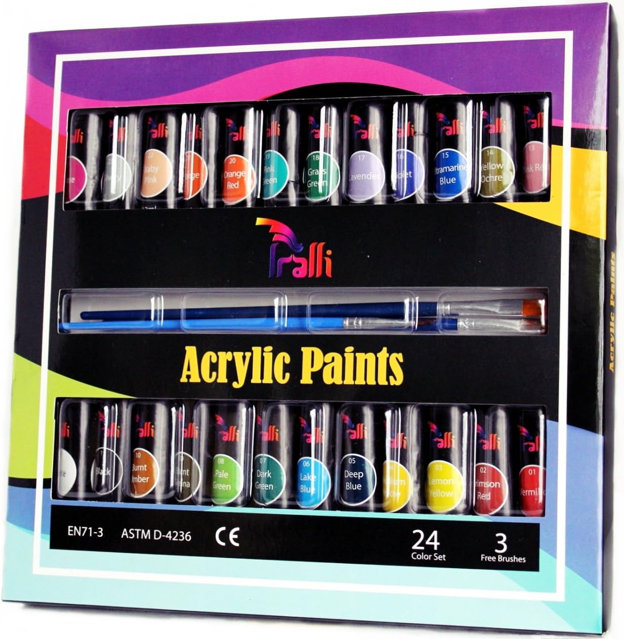 Acrylic Paint Set with Brushes by Iralli - 24 Colors and Non Toxic - For Watercolor, Canvas, Fabric, Glass, Crafts, Rock, Paper, Wood, Long Lasting, Versatile, Mixable, Fast Drying