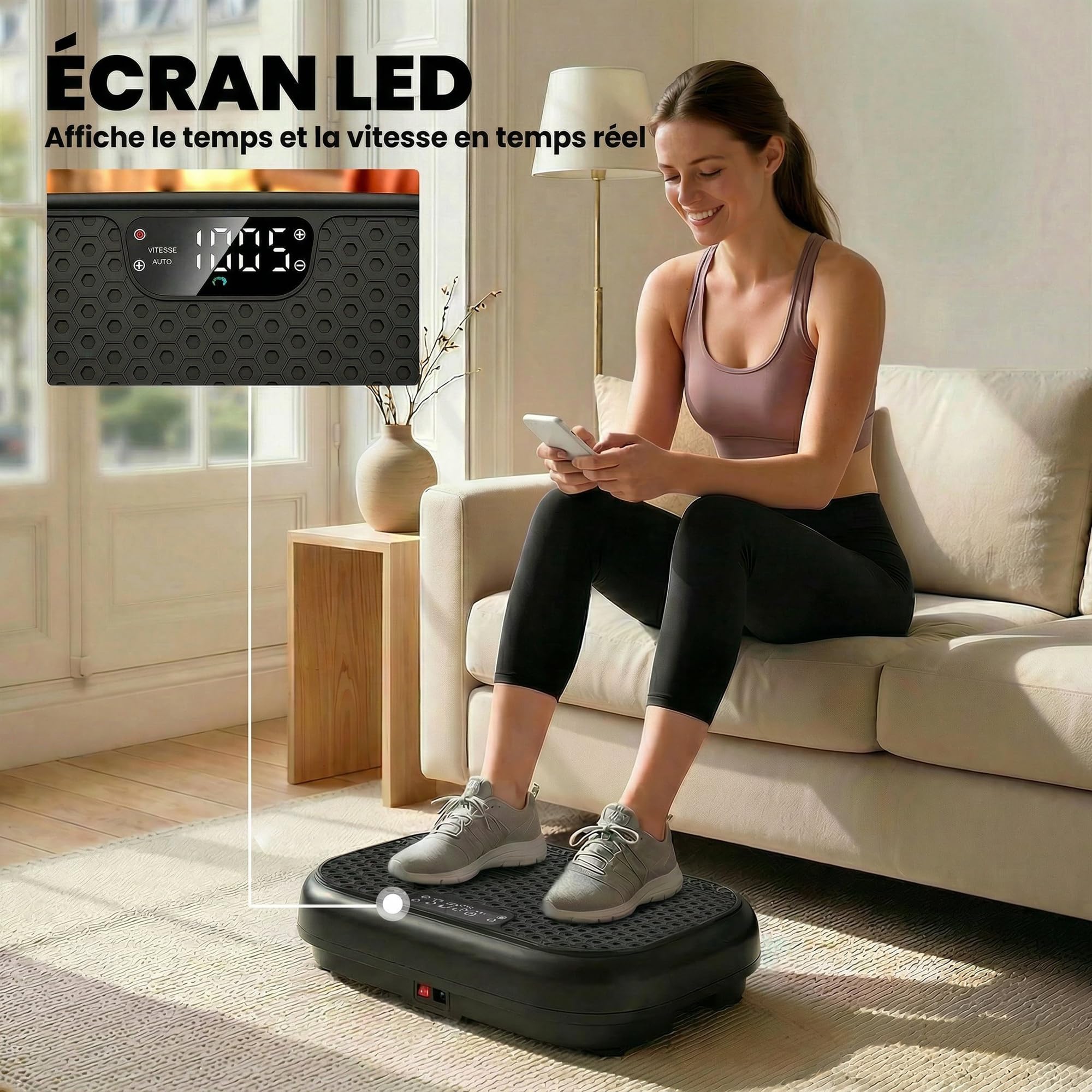SPORTNOW Plateforme Vibrante Fitness 200W Appareil de Musculation et Minceur - Plaque Vibrante 120 Vitesse 5 Programmes Perte de Poids - 48cm Ultra-Mince Bandes de Résistance Maison Bureau, Noir