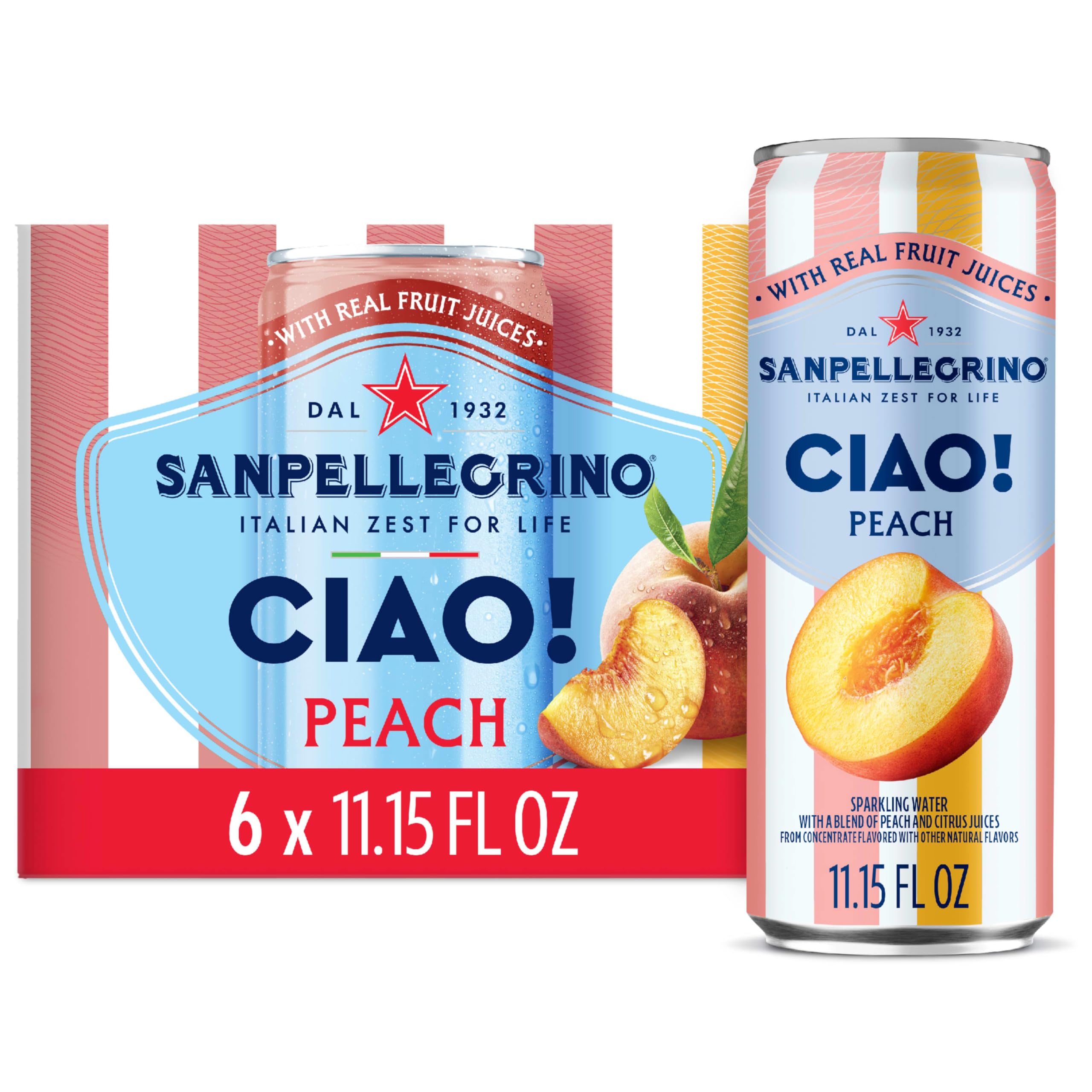 Sanpellegrino CIAO! Peach Sparkling Water, Low-Calorie Italian Sparkling Water with Real Fruit Juices, 0g Added Sugar, 6-Pack