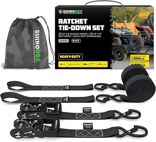 Rhino USA Ratchet Straps Heavy Duty Kit (2-Pack) - 1.6 Inch x 8 Feet (5,208lb Break Strength) - Ultimate Tie Down Straps with Safety S Hooks for Trucks, ATV, UTV, Motorcycle, Cargo & More - Black
