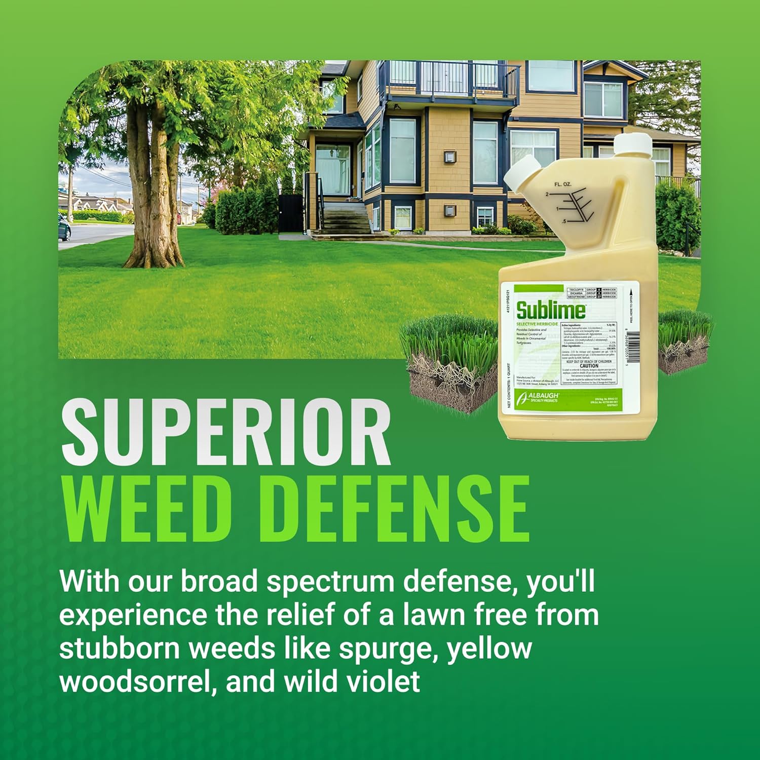 Sublime Weed Killer, Unrivaled Defense Against Crabgrass, Creeping Charlie, Dandelions & More, Non-Bleaching, Fast-Acting, Commercial & Residential, 1 Quart