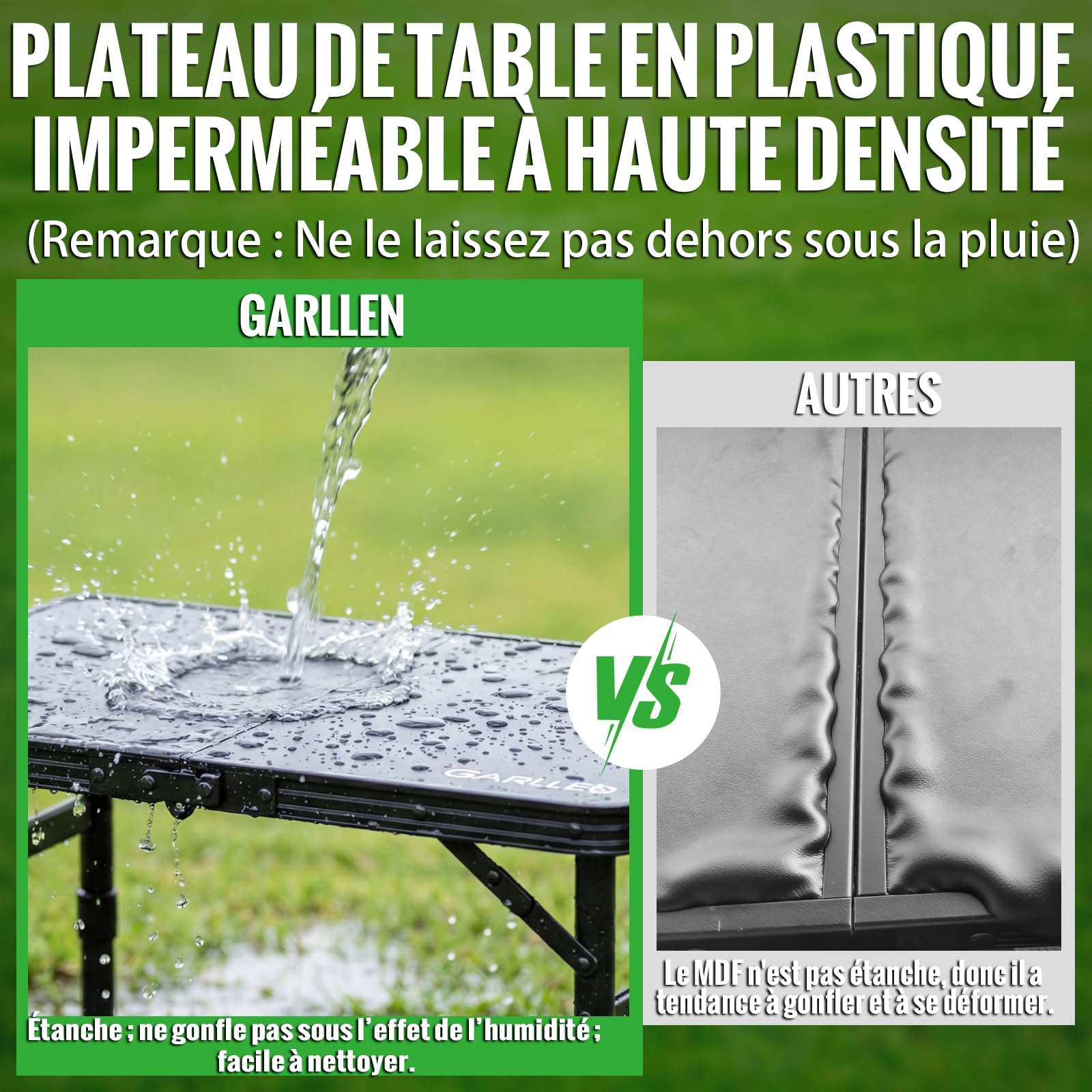 GARLLEN Table de Camping Pliante avec Plateau en Plastique imperméable, Table de Pique-Nique Portable avec 3 hauteurs réglables, Cadre en Aluminium, Table d'extérieur pour Barbecue, Camping | Table Pliante Exterieur à 3 Hauteurs Réglables,Table de Pique-n