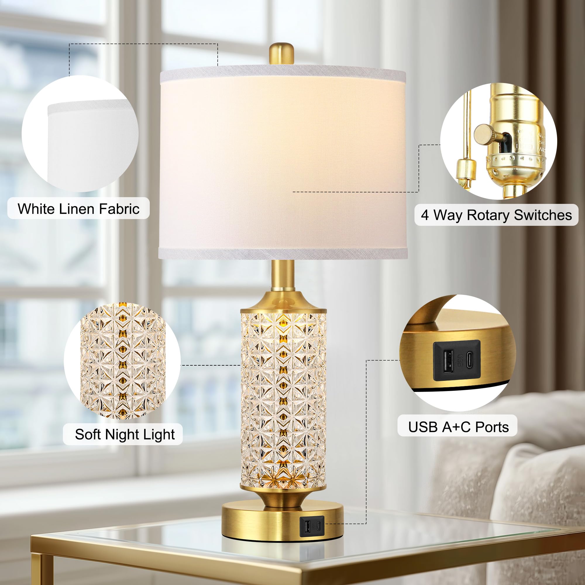 2er Set Tischlampen mit USB-Anschlüssen, Moderne Nachttischlampe mit LED-Nachtlicht, Nachttischlampe für Schlafzimmer, Nachttischlampen für Wohnzimmer Büro (Gold)(2 Leuchtmittel enthalten)