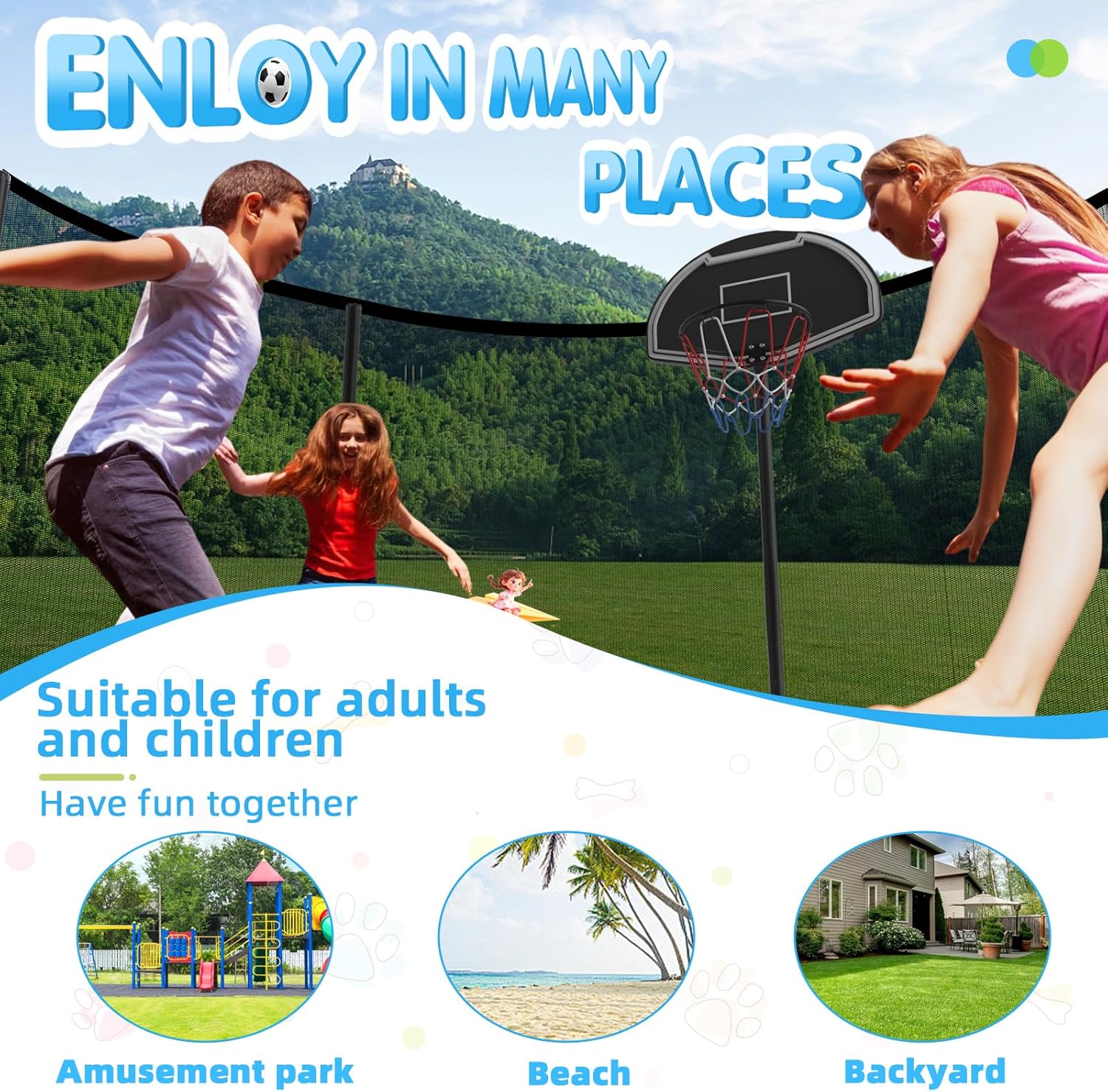 10 Tranpolin with Basketball Hoop for Kids and Adults, Outdoor Tranpolin with Safety Enclosure Net, Recreational Tranpolin for Backyard Park ASTM Approved