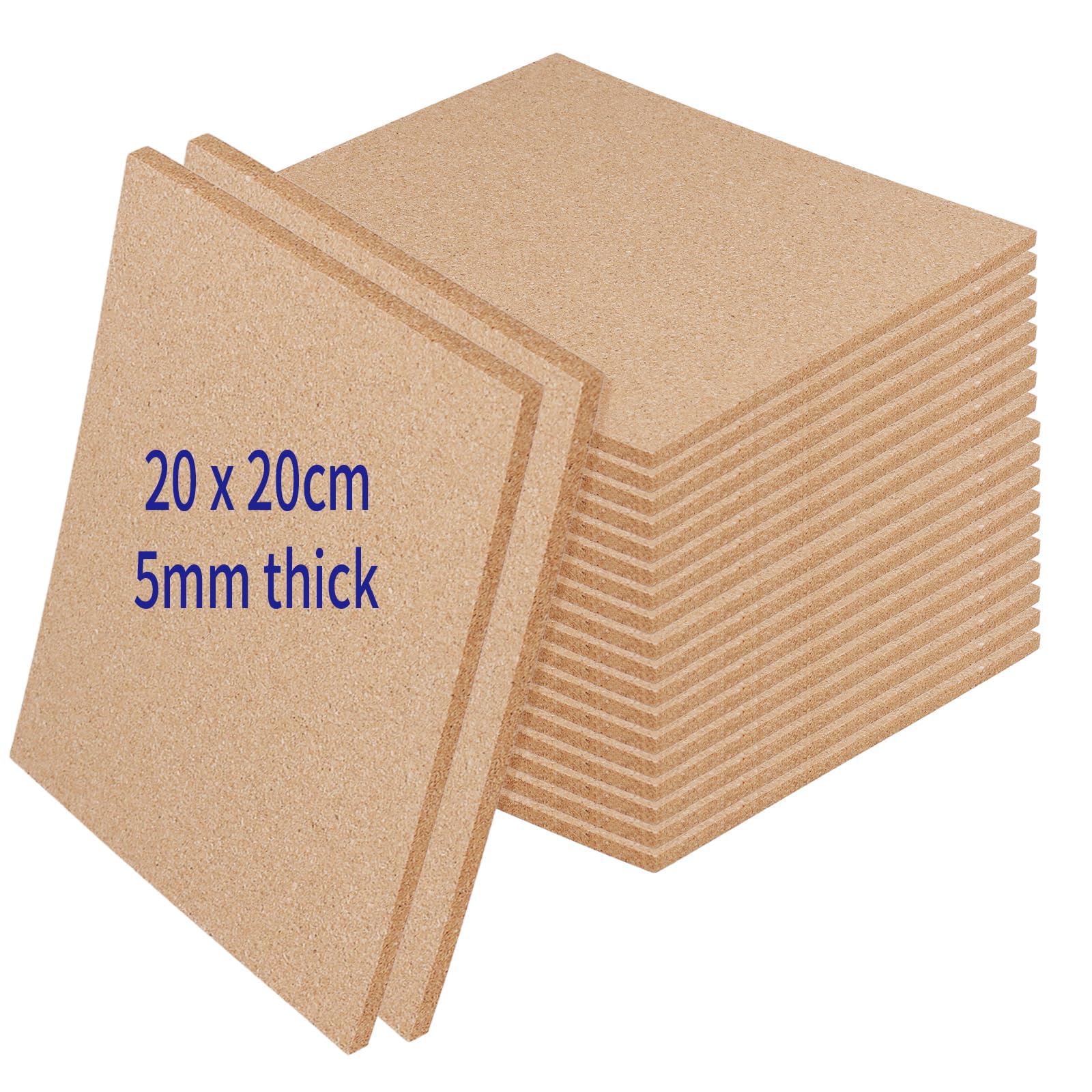 SOUJAP 20 PCS 5mm Self Adhesive Square Cork Borad, 8 Inch/20cm Square Cork Placemats Tiles for Hot Dishes