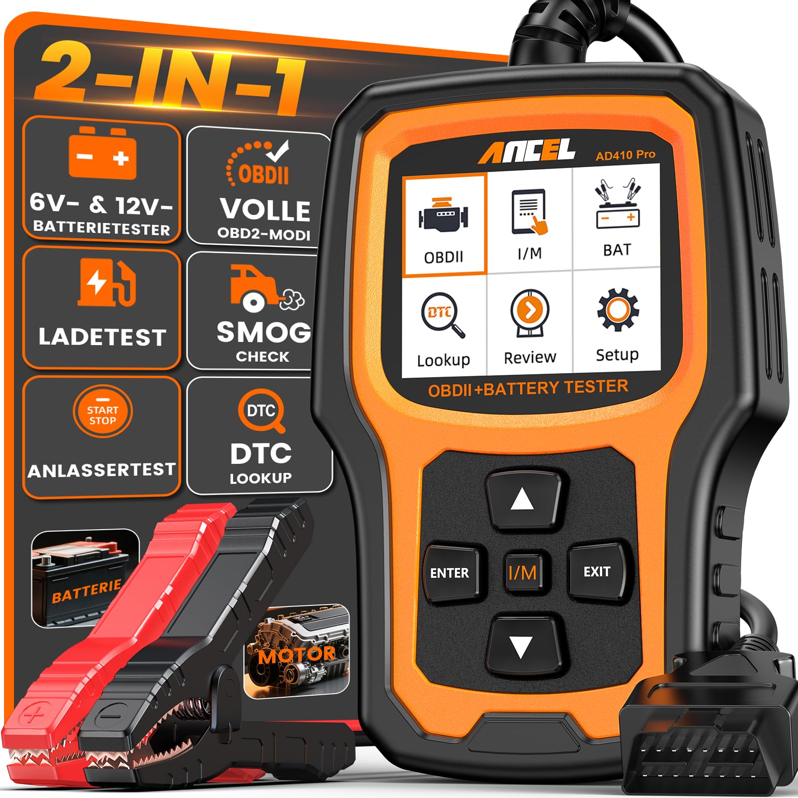 2in1 Auto Diagnosegerät KFZ Batterietester Universal Fehlercode Lesegerät | ANCEL AD410PRO mit Vollen OBD2 Funktionen, 6V 12V 100-2000CCA Autobatterie Tester mit Batterie- Anlasser- und Ladetest