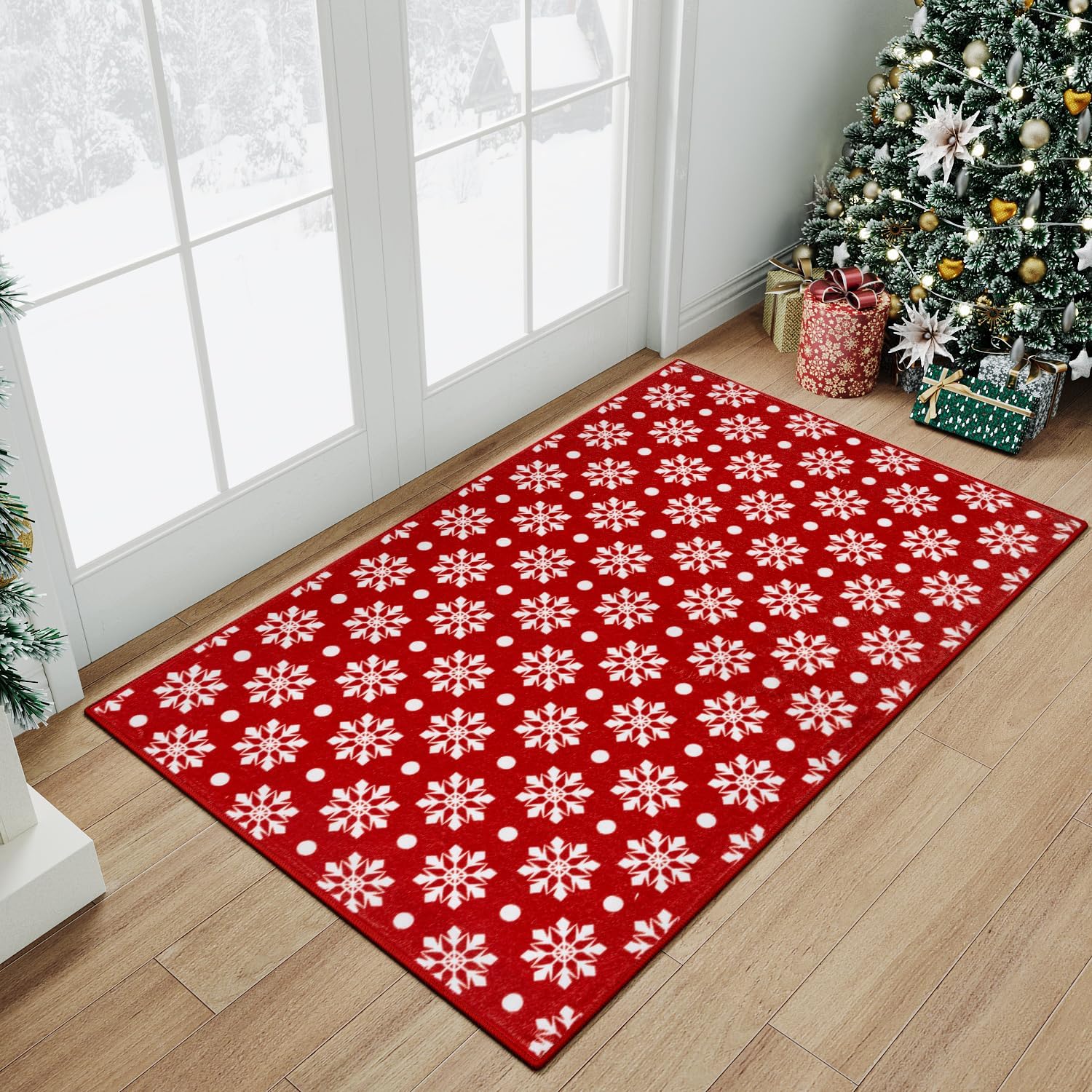 HUGEAR Christmas Area Rug 2x3 Entryway Rug Machine Washable Rugs Red/White Indoor Door Mat Front Door Rug Snowflake Non-Slip Small Carpet for Bedroom Kitchen Bathroom