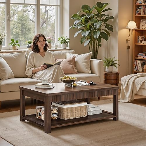 Miniatura 3 de Mesa auxiliar, mesas de centro modernas de 39 pulgadas para sala de estar con almacenamiento de 2 niveles y borde ondulado, mesa central de nogal