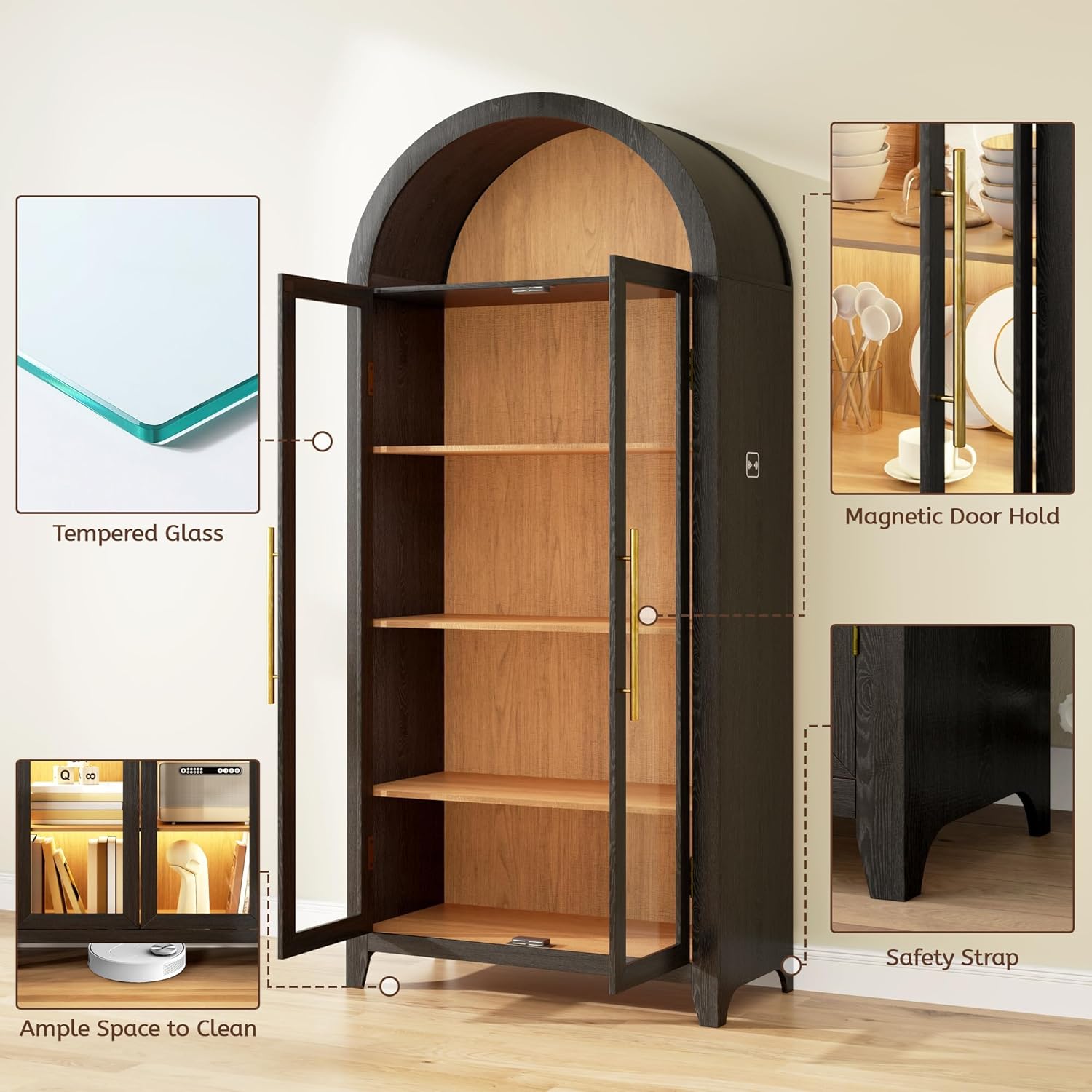 71” Arched Storage Cabinet with Glass Doors, Curio Display Cabinet with Adjustable LED Light, Arched Kitchen Pantry, 5-Tier Glass Display Cases for Living Room, Kitchen(Black & Oak)