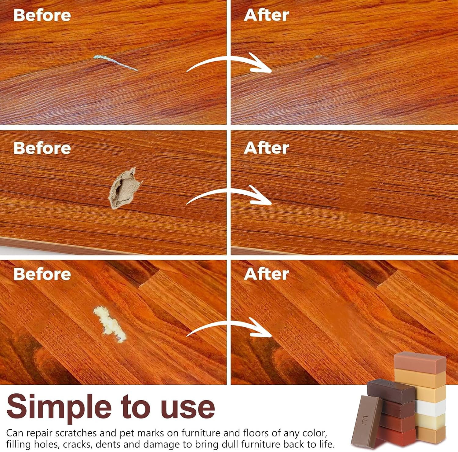 Veemoon Wood Floor Repair Kit 11 Colors Wax Blocks Hardwood Laminate Scratch Remover for Kitchen Floors Countertops Doors Household Touch-up