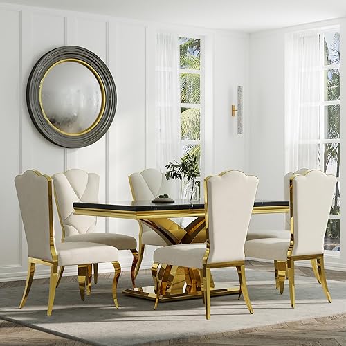 Miniatura 11 de Juego de 4 sillas de comedor de terciopelo negro, sillas de cocina tapizadas con respaldo alto con patas de metal pulido dorado, sillas de comedor