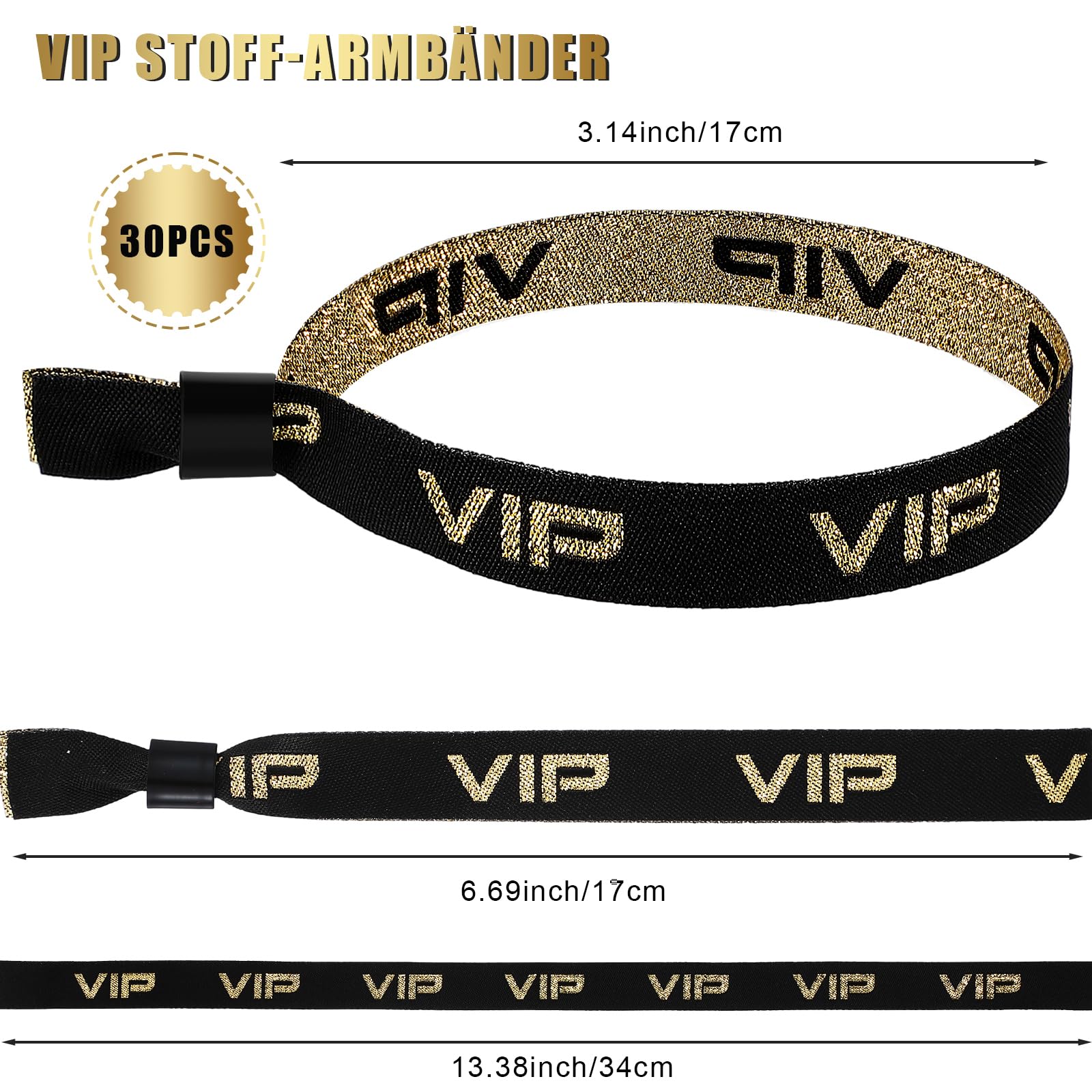 Chunyin 30 Stück VIP Stoff Einlassbänder Eintrittsbänder Schwarze Goldene Partybänder Festivalbändchen mit Verschluss für Veranstaltung Party Vergnügungspark Konzert Geburtstag Hochzeit Weihnachten Küche, Haushalt & Wohnen
