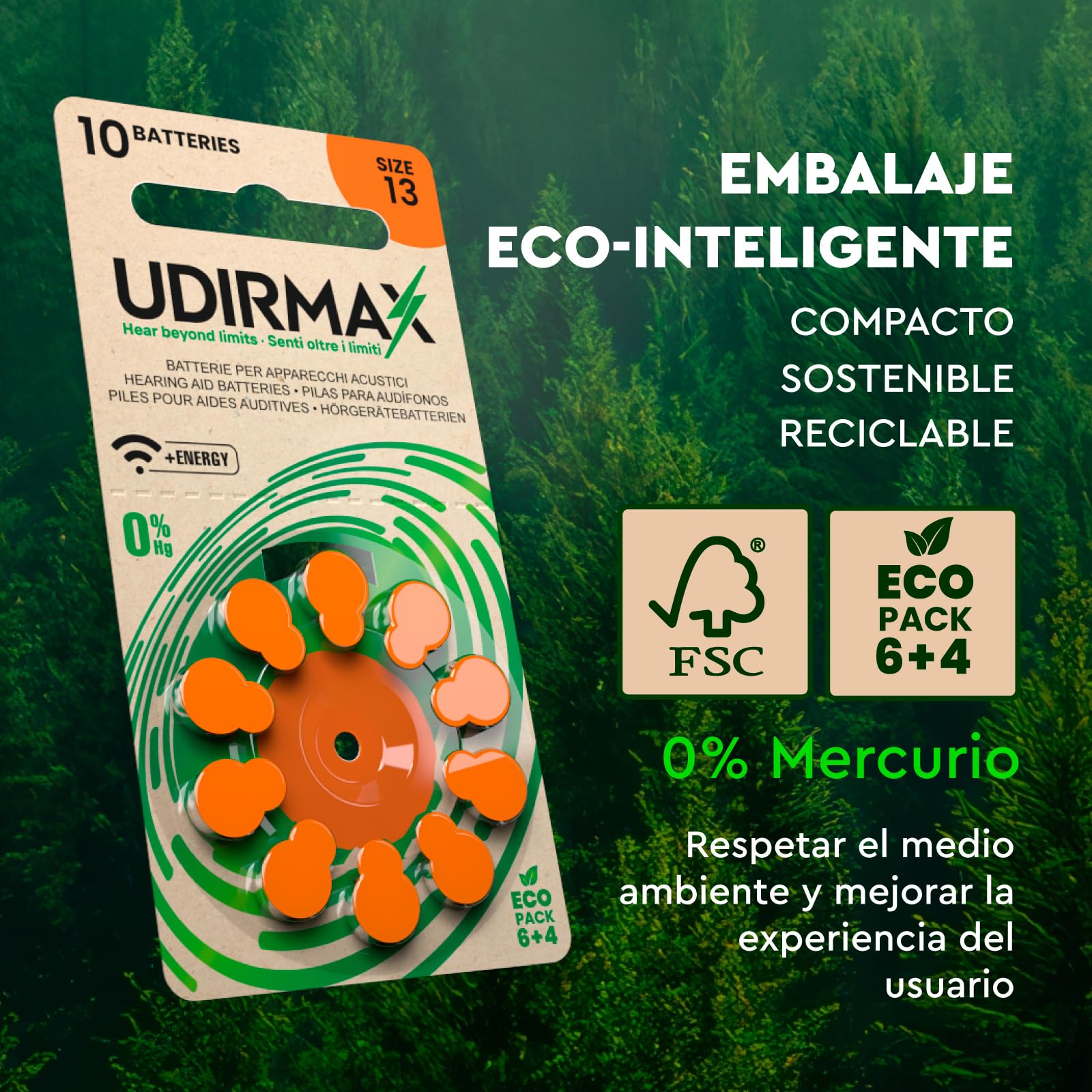 100 Pilas PR48 para Audífonos Tamaño 13 Naranja Udirmax Batteries Zinc Aire 1.45V Sin Mercurio con Tecnología Dynamic Sonar Paquete Eco 10 Blísters de 10 Pila