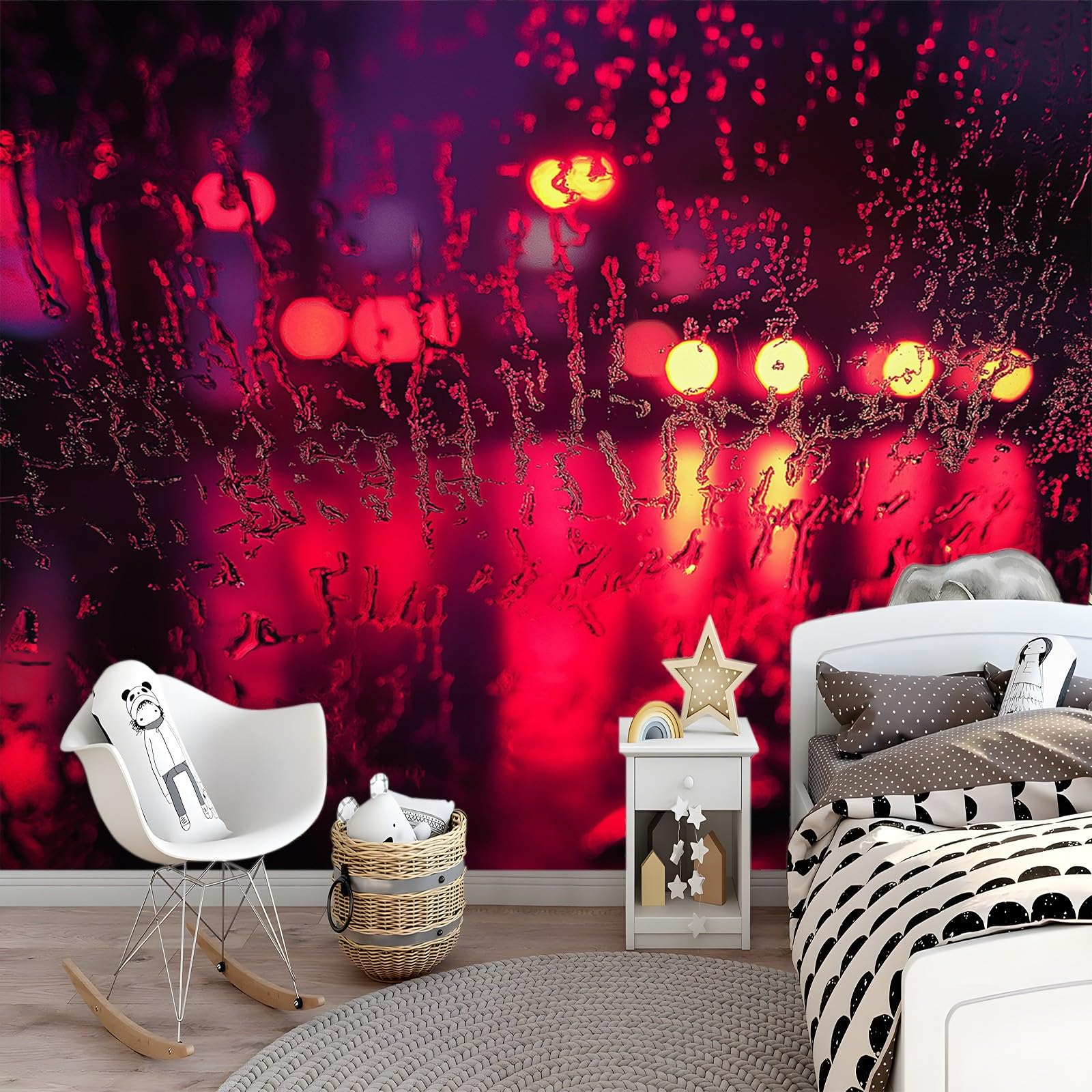 Papel Pintado Efecto Lluvia de Cristal en luz roja, 250 x 175 cm. Ideal para decoración de salón, Dormitorio y Cocina.
