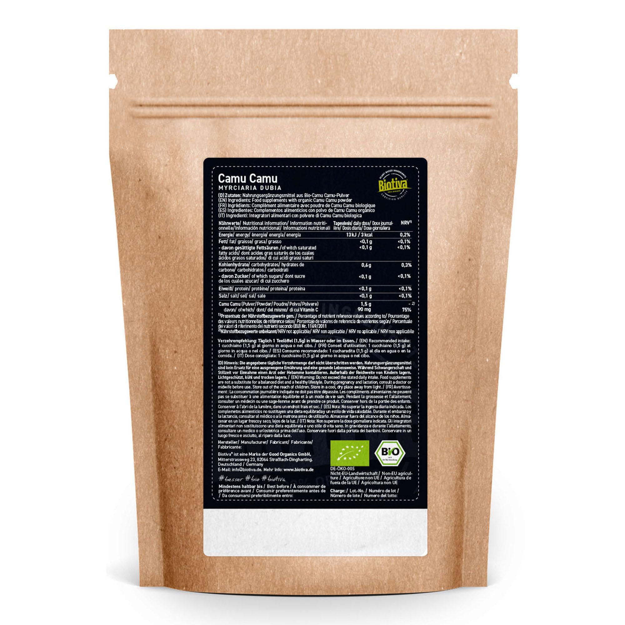 Camu camu in polvere Bio 500g | vitamina C naturale | da raccolta selvatica, senza additivi, prodotto in Germania | Biotiva