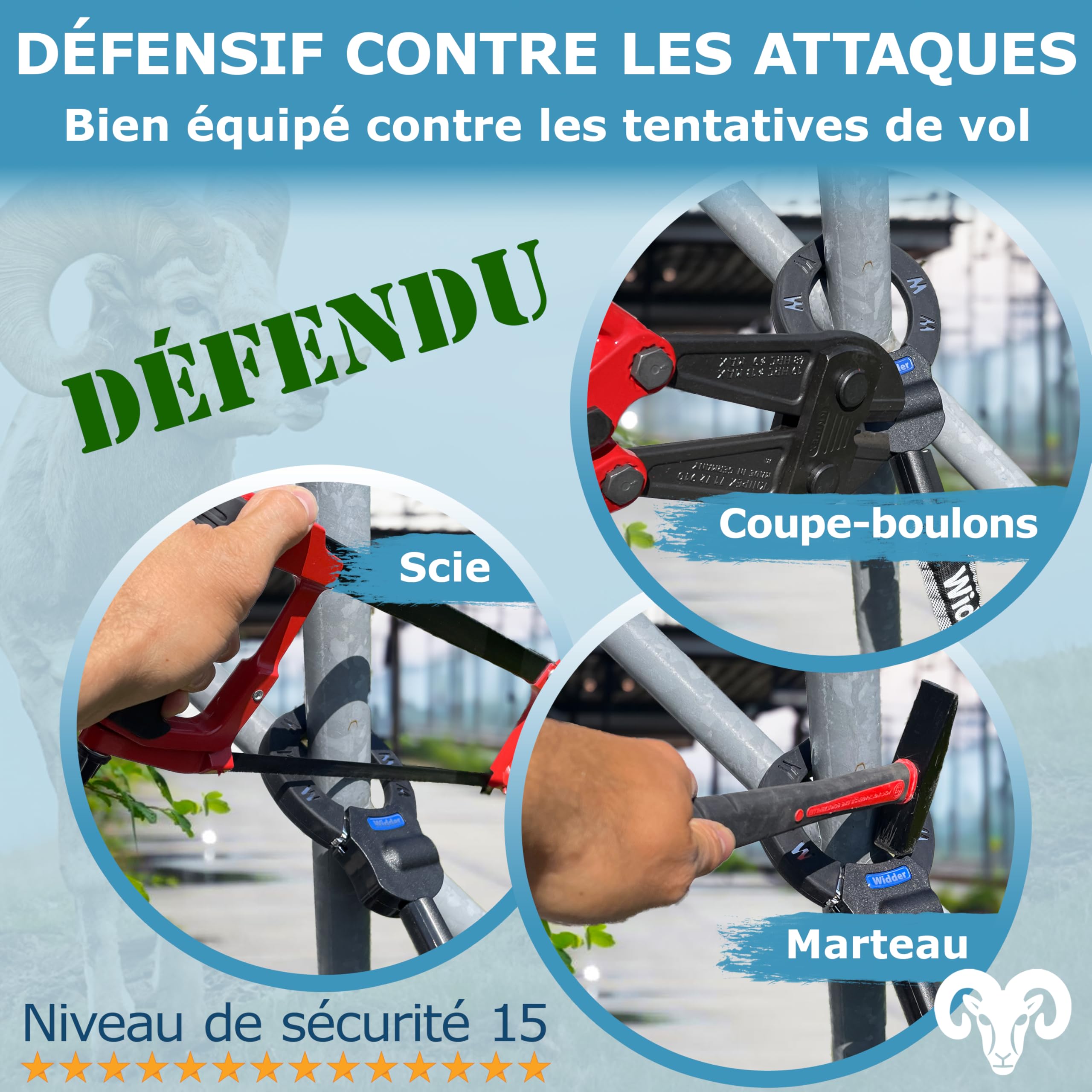 WIDDER Antivol à menottes sécurisé – 80 cm, 4 clés, acier massif 8 mm | Antivols pour e‑trottinette avec sac – Antivol à menottes pour e‑trottinette & vélo – Anti vol velo haute sécurité