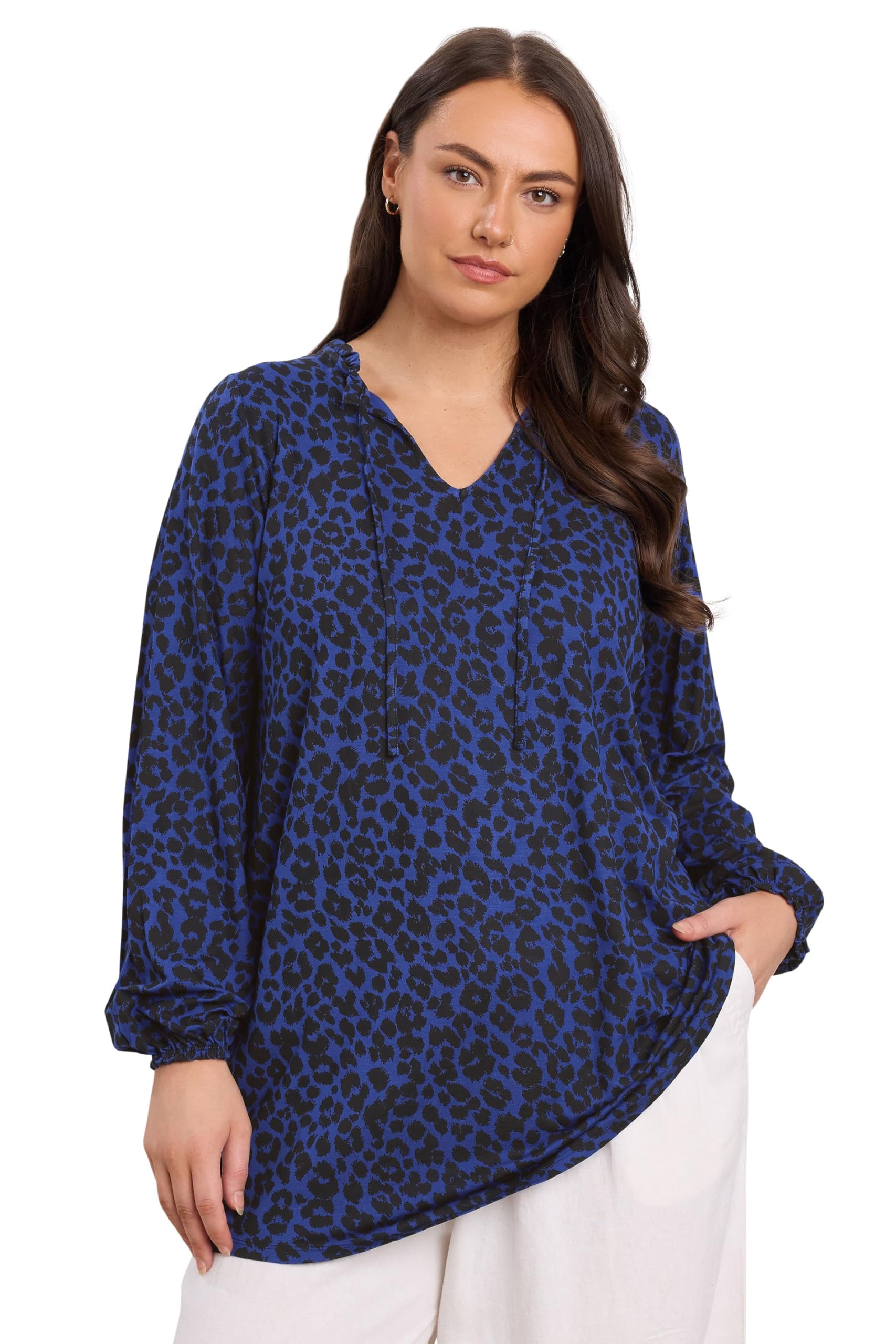 Evans Women's Blue Curve Animal Print Tie Neck Top - Plus Size Curve