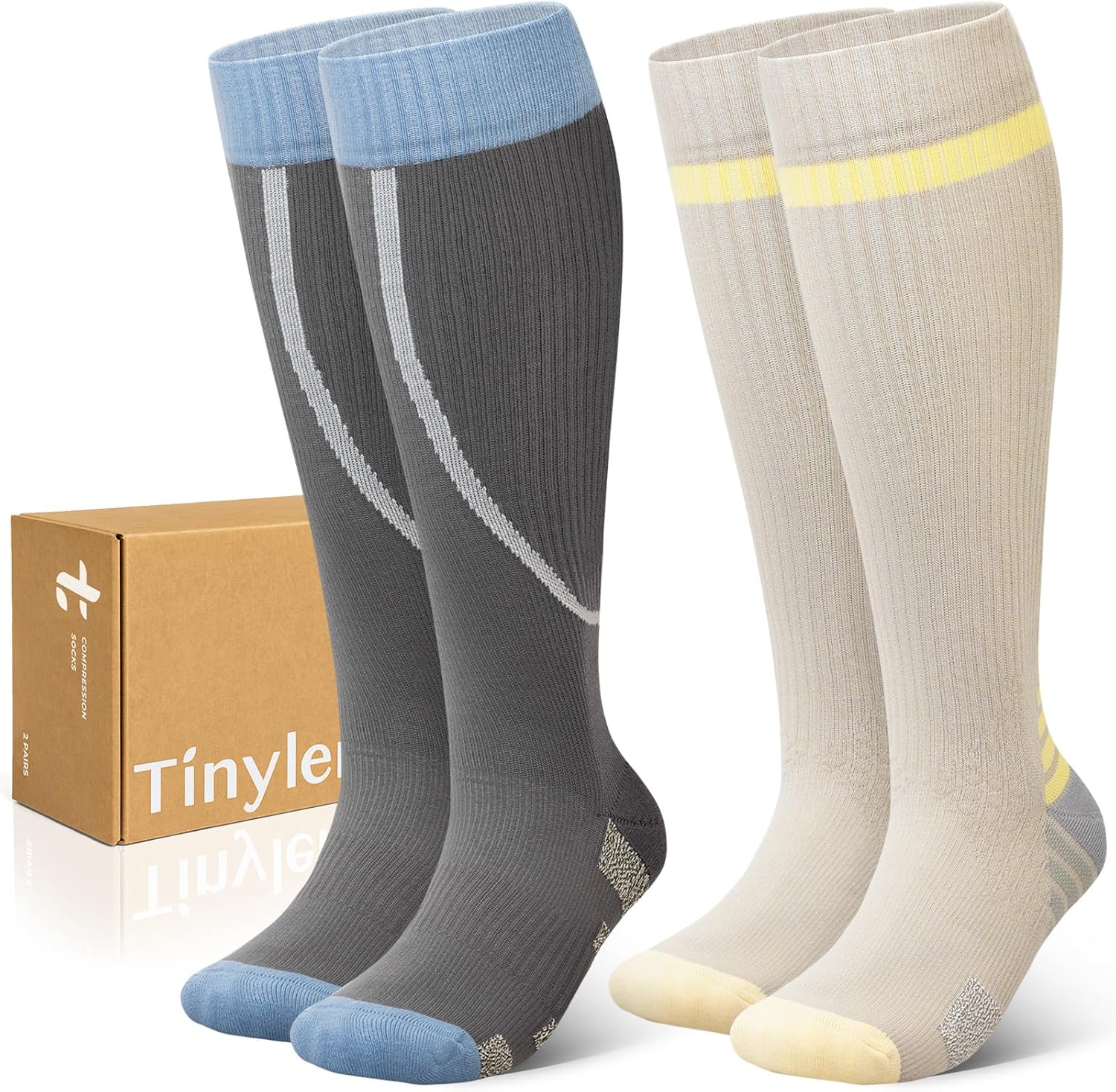 TINYLEMON Wide Calf Compression Socks for Women & Men 15-20 mmHg Cushioned Sole Knee High Support Socks for Long Hours & Daily Wear