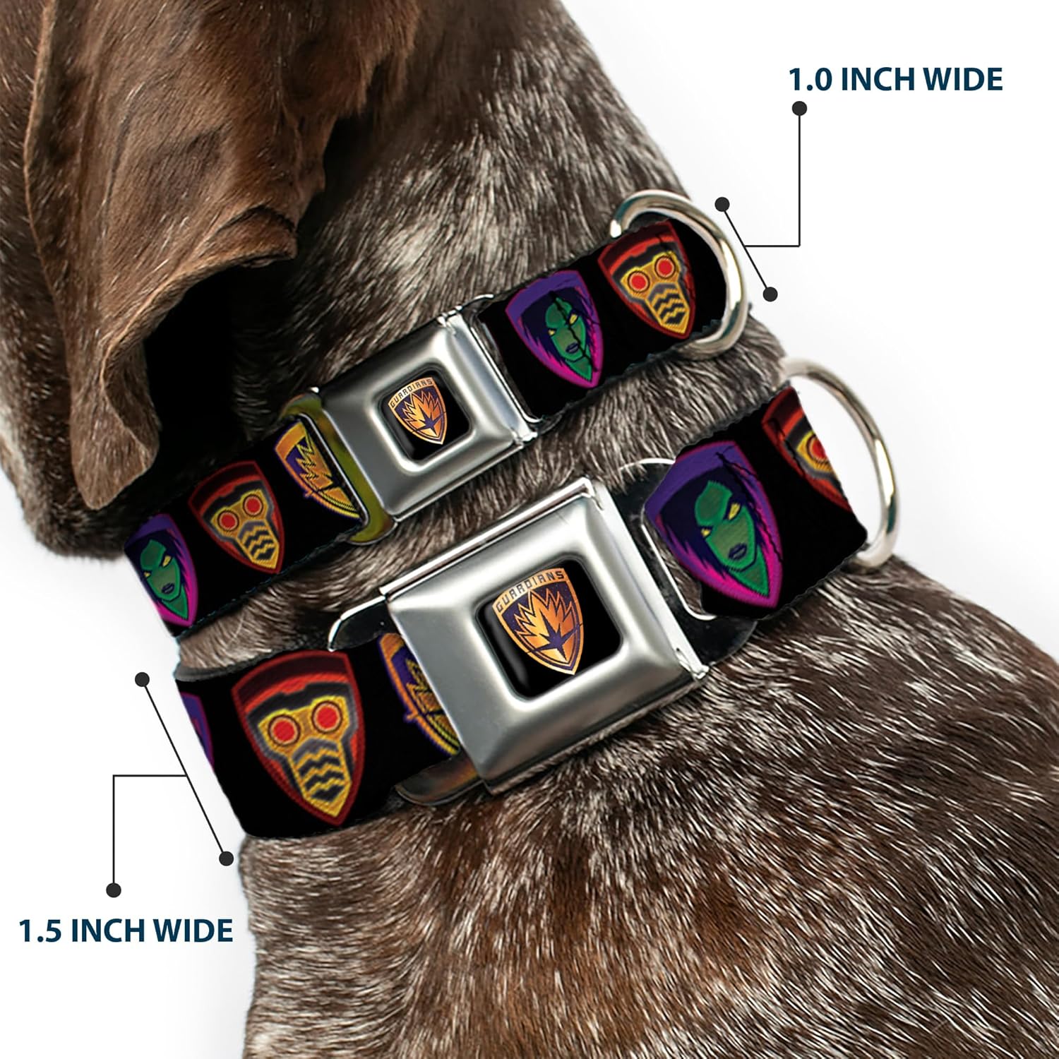 Buckle-Down DC-WMC111-S Seatbelt Dog Collar, Small, Guardians of The Galaxy Badge/5-Character Icons Black/Multi Color, 1" Wide - Fits 9-15" Neck - Small
