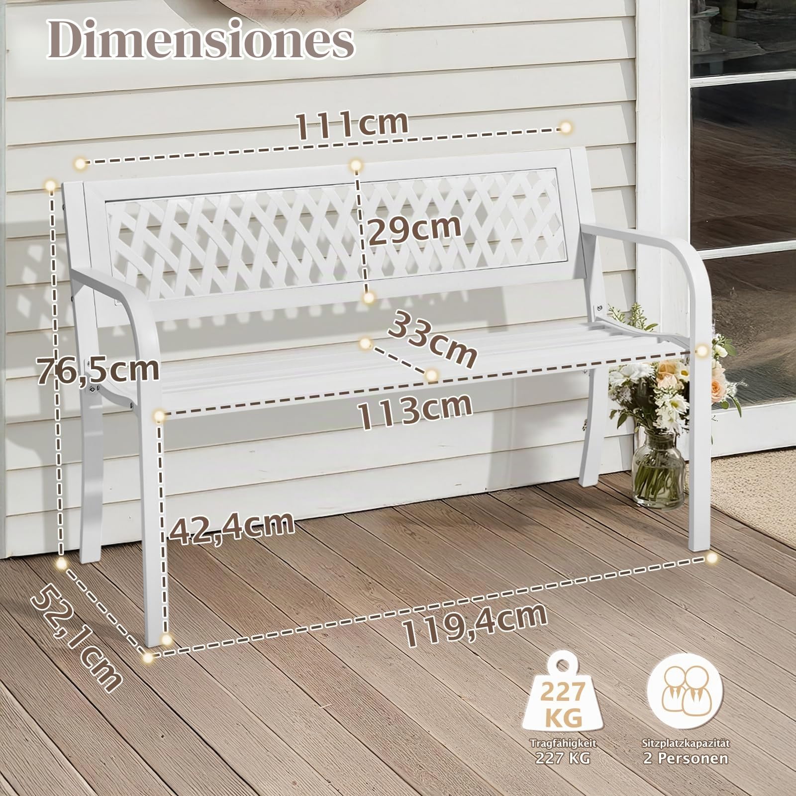 Bonnlo Banco de Jarín con Respaldo, Banco Metálico de 2 Plazas, 118x50x75 cm, Resistente y Duradero, para Jardín, Patio, Terraza, Parque y Exterior, Blanco