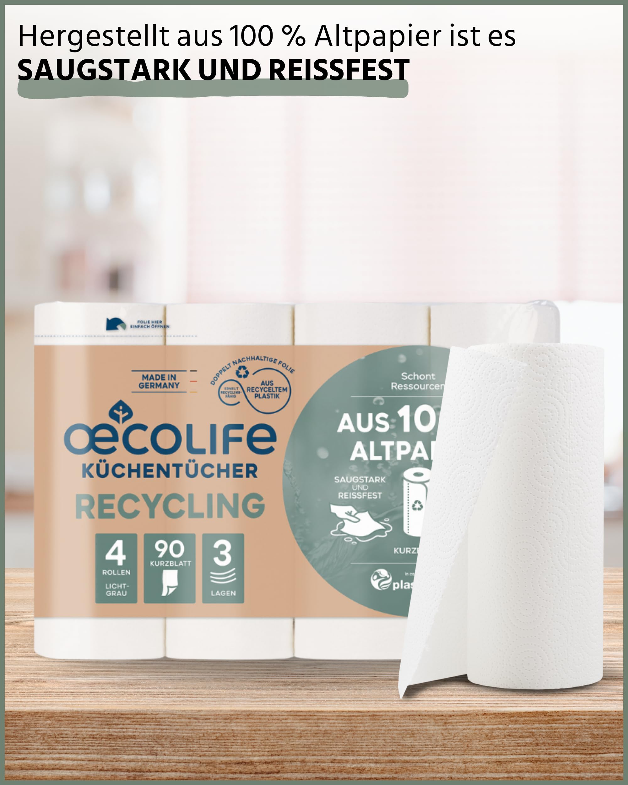 œcolife Küchentücher RECYCLING, 48 Rollen à 90 Blatt, 3-lagige Küchenrollen aus Recyclingpapier, nachhaltig, Made in Germany